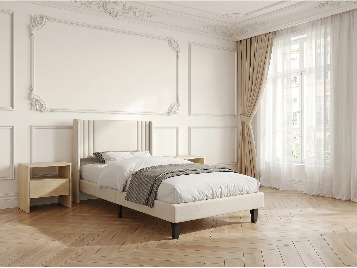 Lit rembourré avec tête de lit capitonnée, lit double tissu beige, design moderne, cadre stable sans coffre