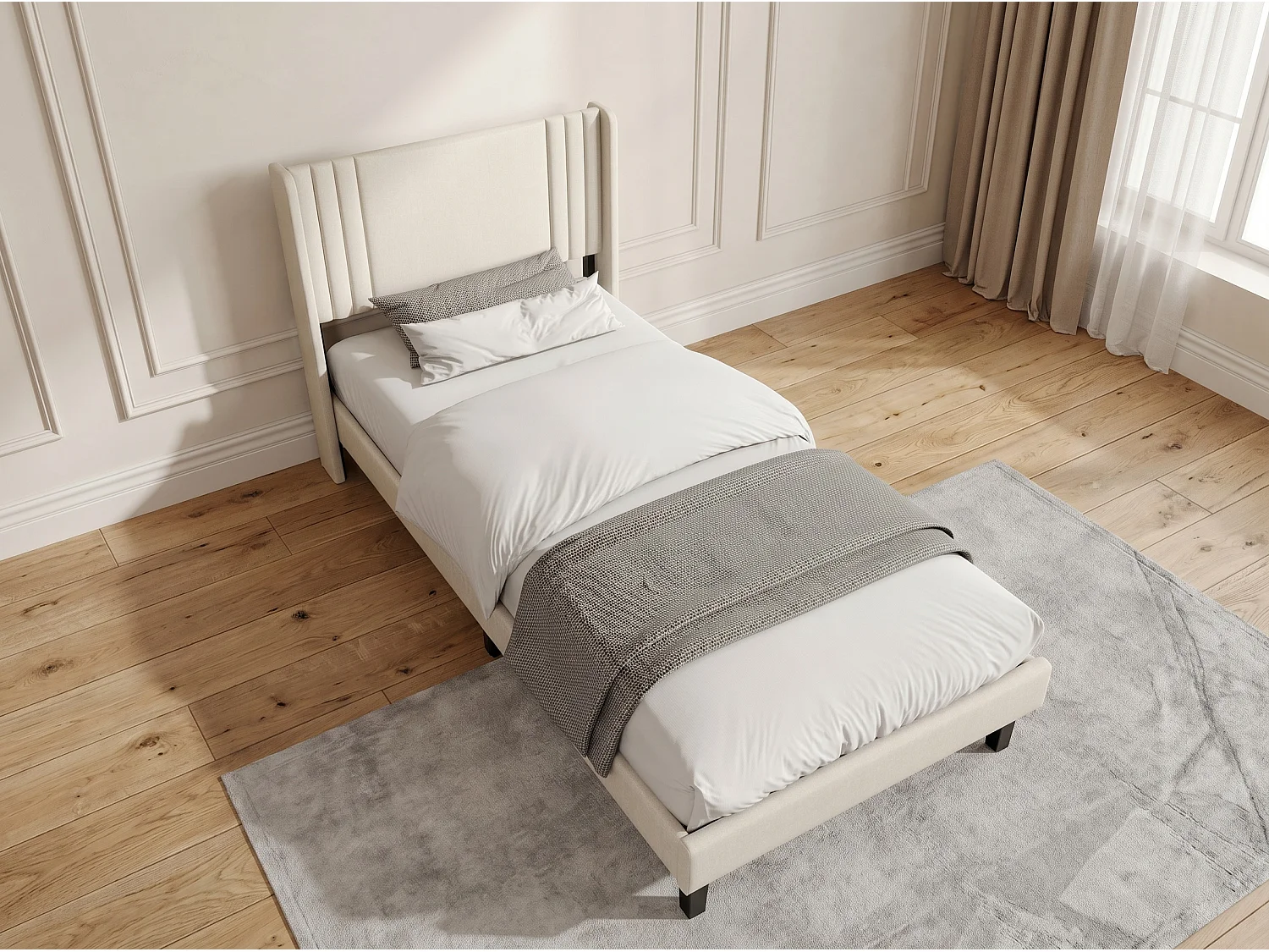 Lit rembourré avec tête de lit capitonnée, lit double tissu beige, design moderne, cadre stable sans coffre