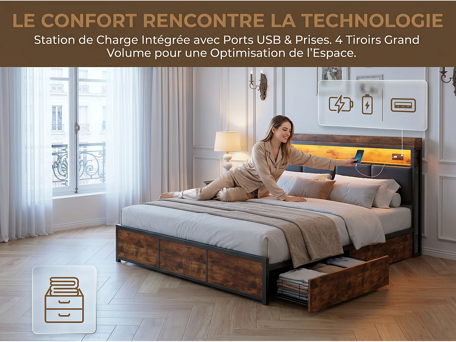 Lit avec 4 tiroirs - 180x200cm - avec rangement et tête de lit étagère