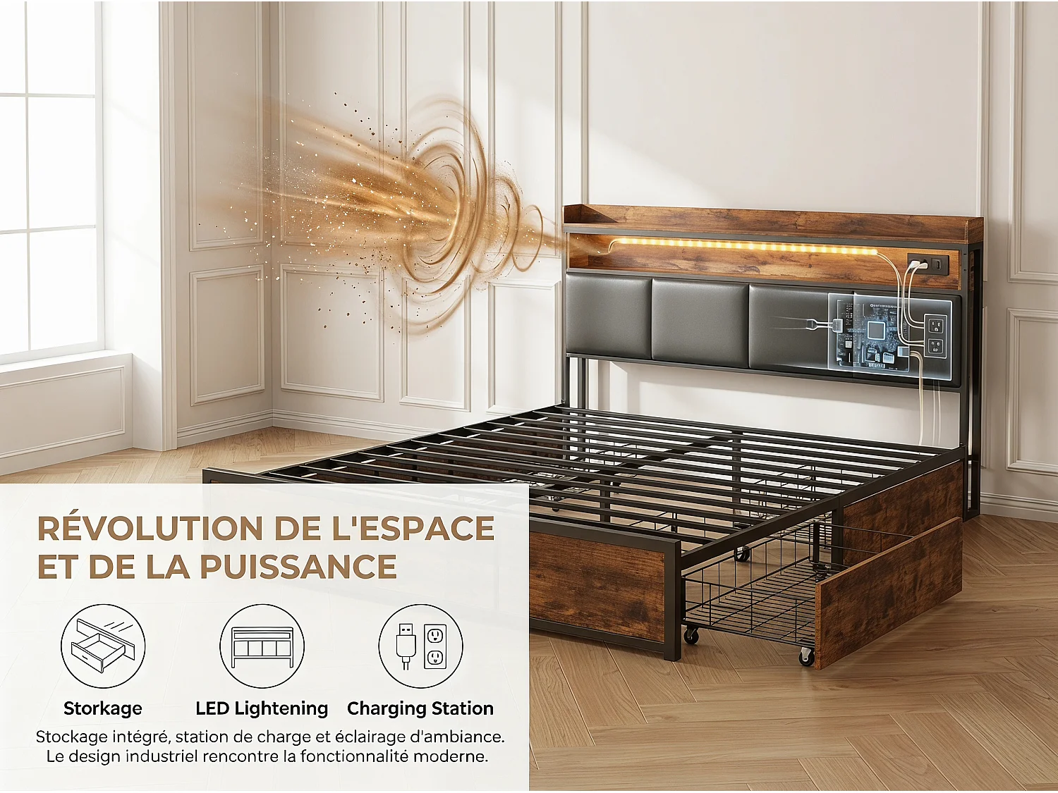 Lit avec 4 tiroirs - 180x200cm - avec rangement et tête de lit étagère