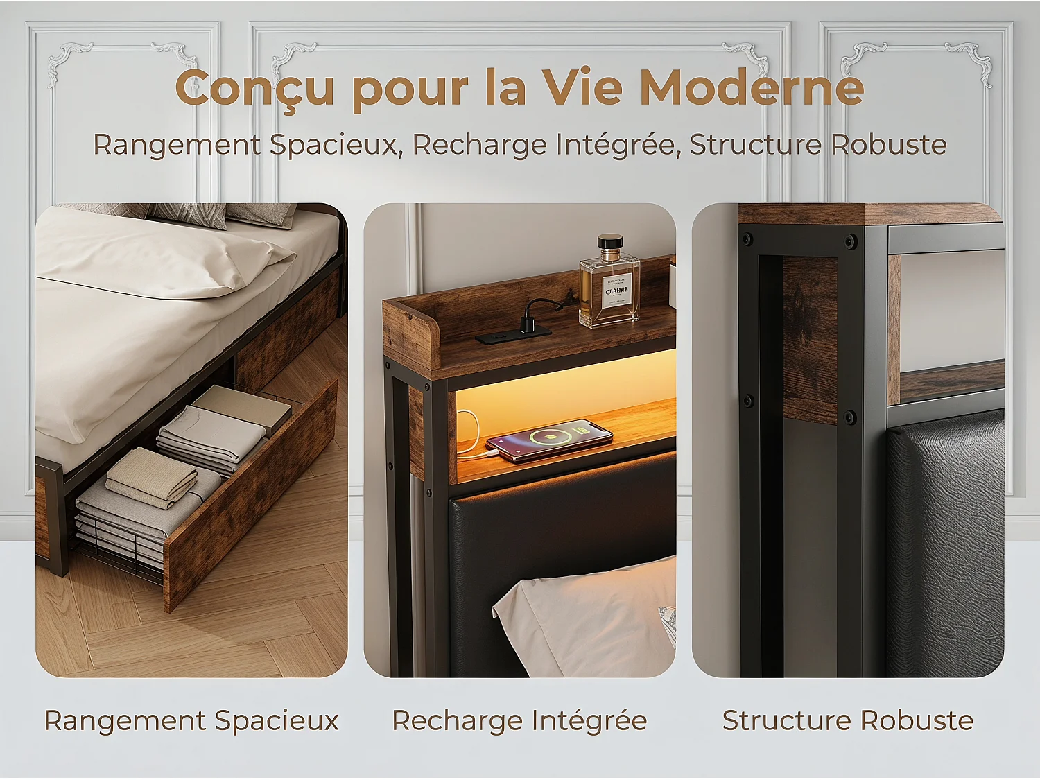 Lit avec 4 tiroirs - 180x200cm - avec rangement et tête de lit étagère