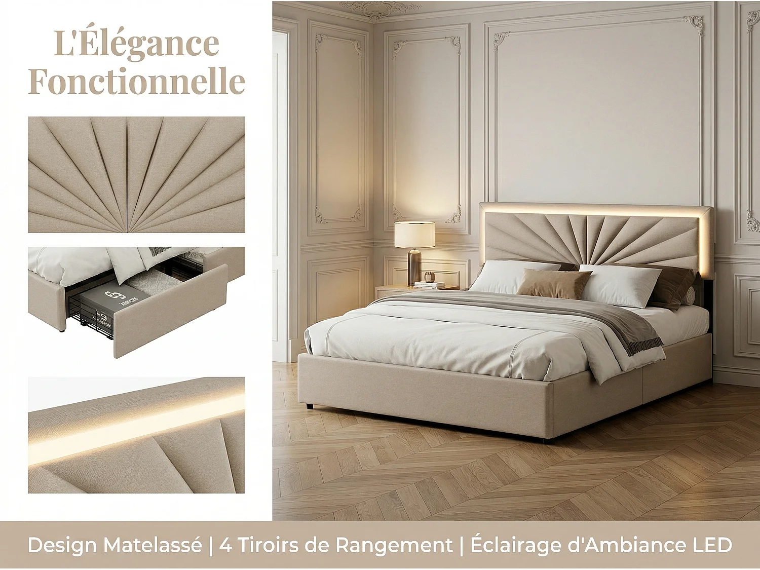 Lit 160x200cm avec LED et 4 tiroirs sur roulettes - sommier à lattes