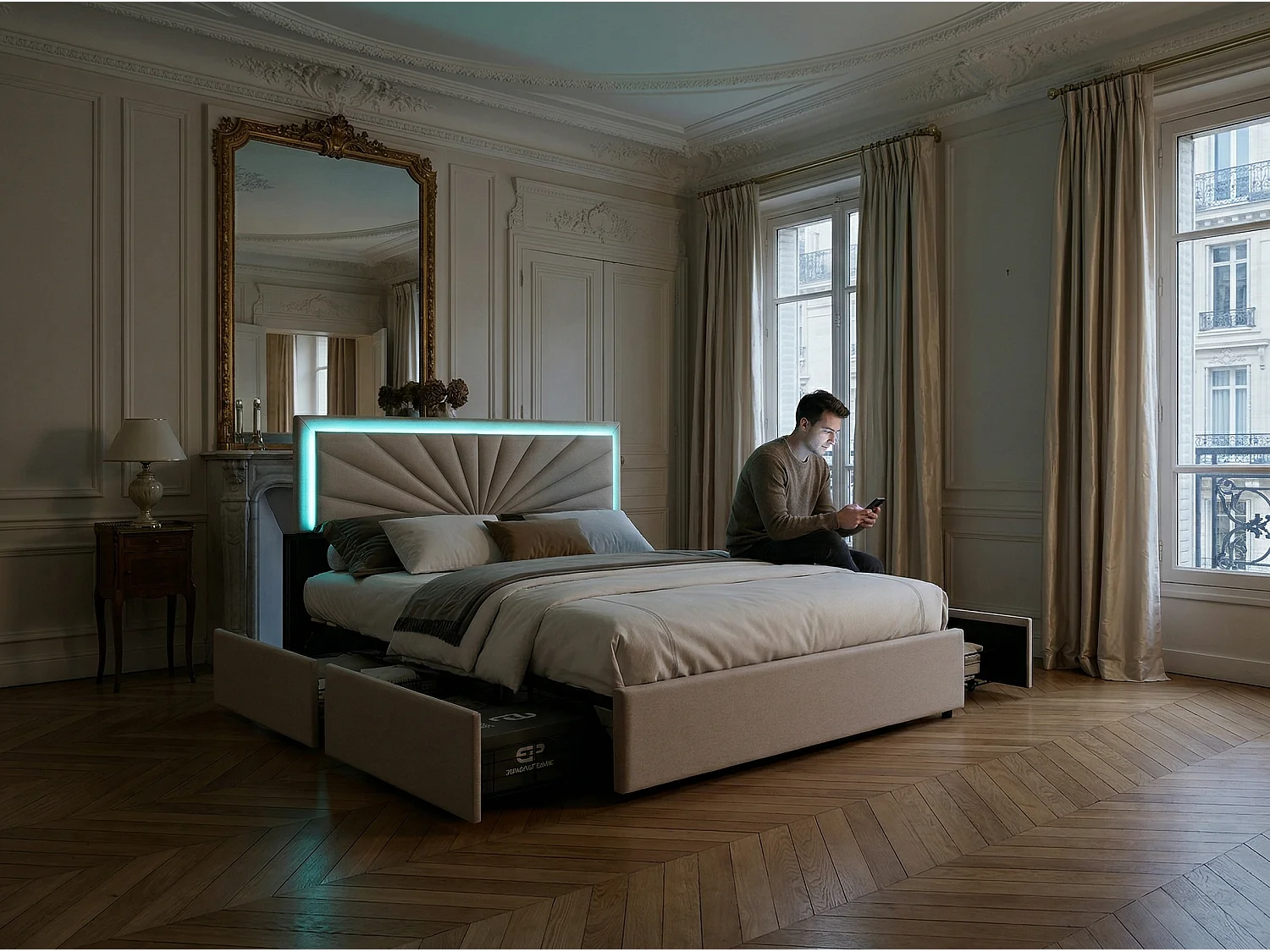 Lit 160x200cm avec LED et 4 tiroirs sur roulettes - sommier à lattes