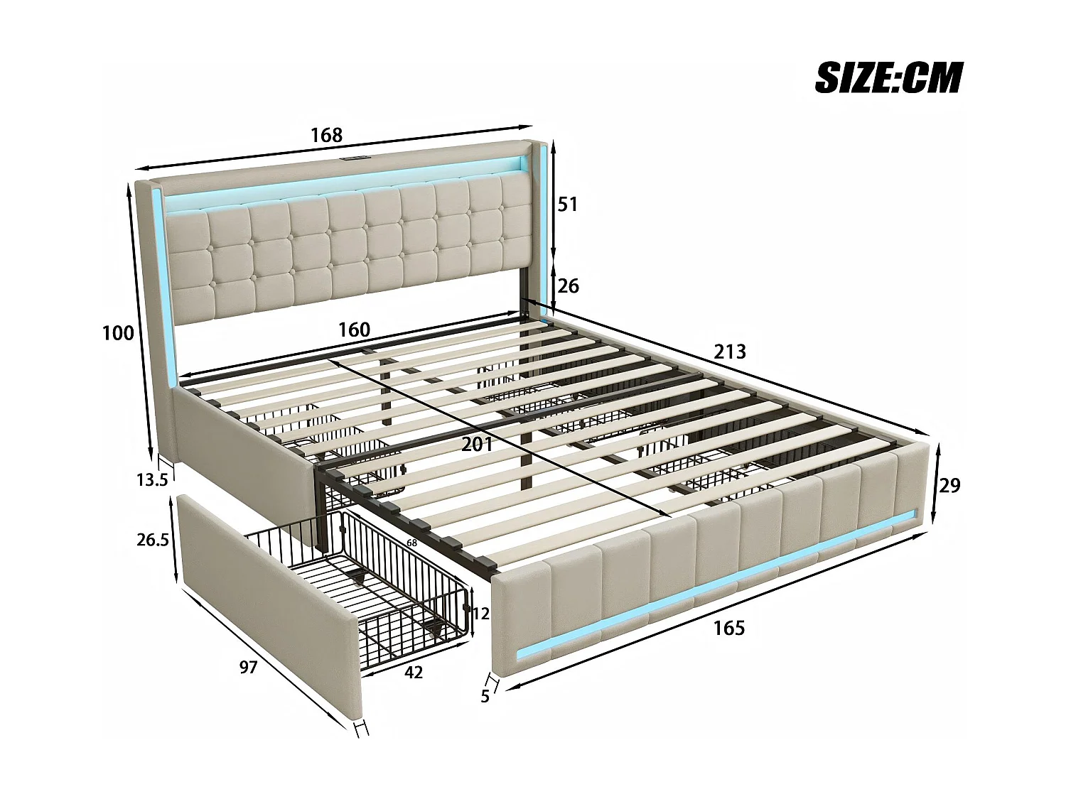 Lit 160x200 avec tiroirs, LED, USB Type-C, lit rangement avec roulettes, cadre de lit en tissu lin