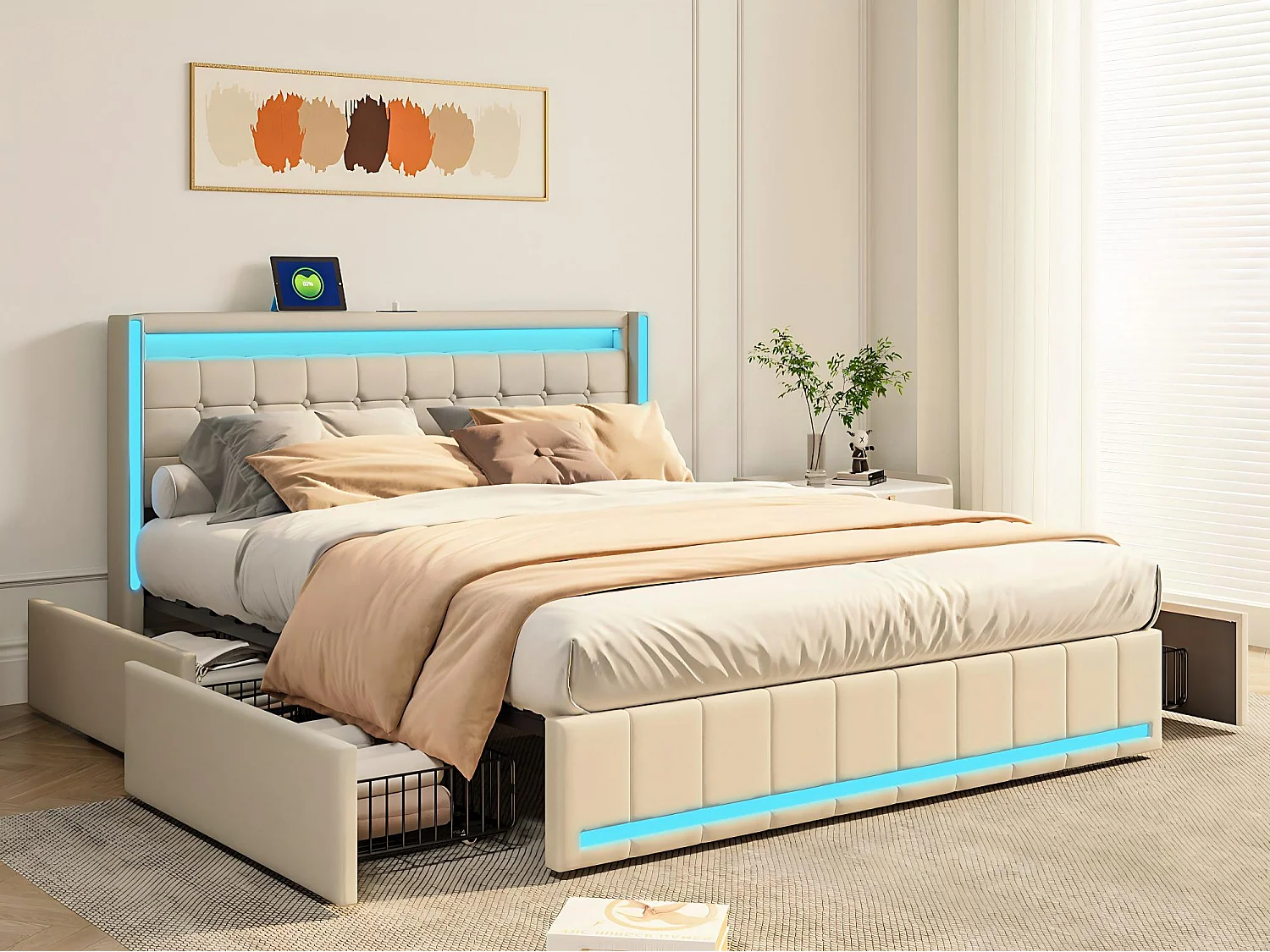 Lit 160x200 avec tiroirs, LED, USB Type-C, lit rangement avec roulettes, cadre de lit en tissu lin