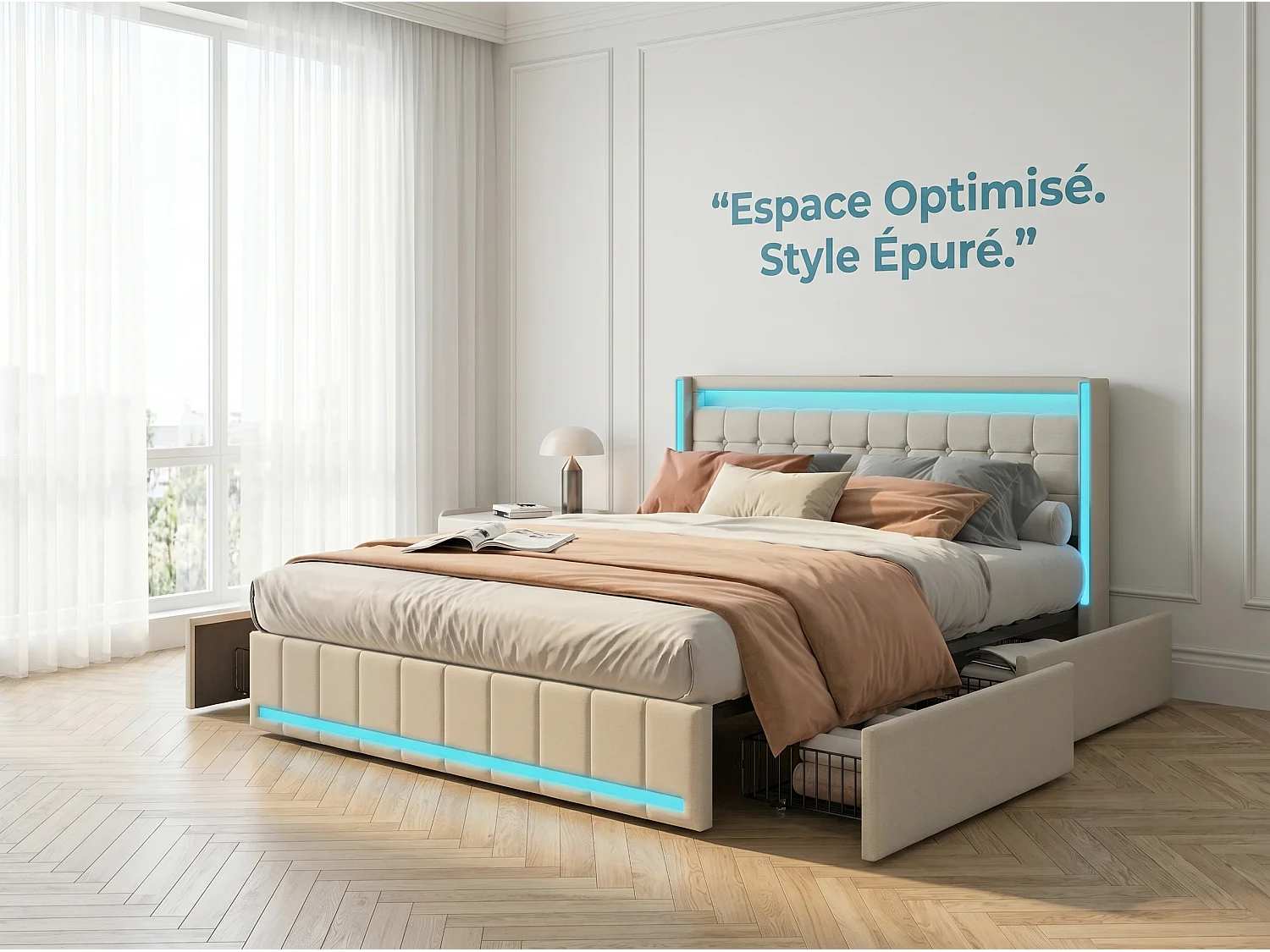 Lit rembourré 160x200 cm - Tiroirs de rangement avec roulettes - LED intégrée - Ports USB + Type-C - Tissu effet lin