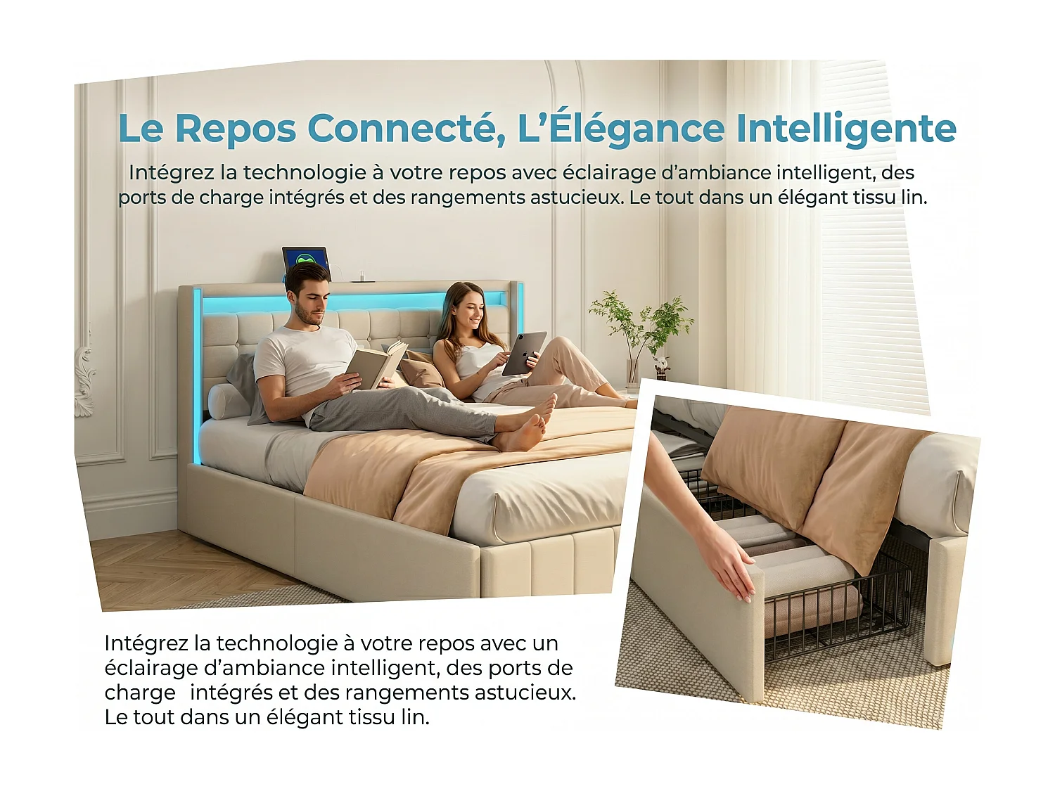 Lit rembourré 160x200 cm - Tiroirs de rangement avec roulettes - LED intégrée - Ports USB + Type-C - Tissu effet lin