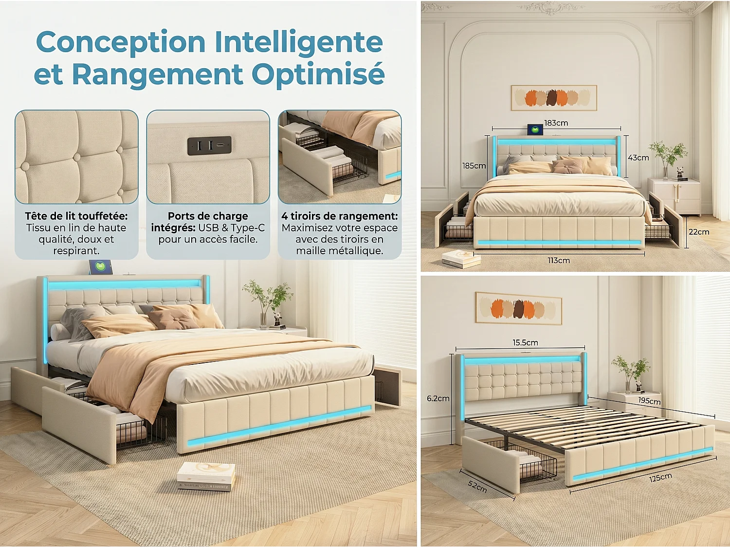 Lit rembourré 160x200 cm - Tiroirs de rangement avec roulettes - LED intégrée - Ports USB + Type-C - Tissu effet lin