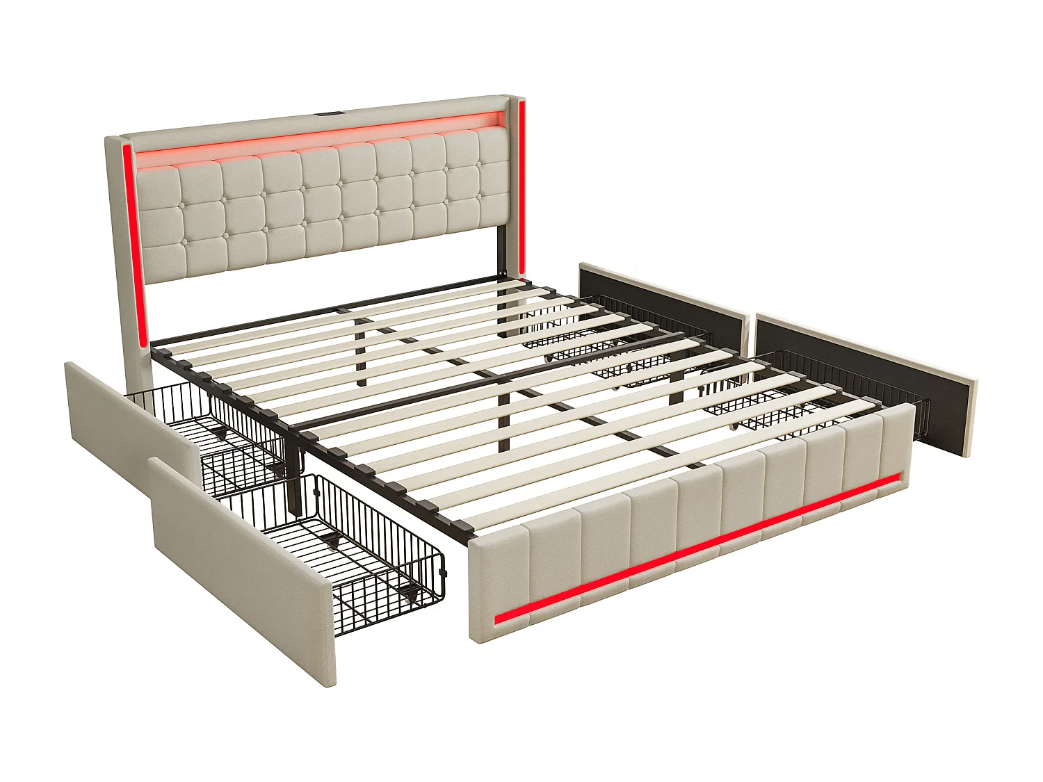 Lit rembourré 160x200 cm - Tiroirs de rangement avec roulettes - LED intégrée - Ports USB + Type-C - Tissu effet lin
