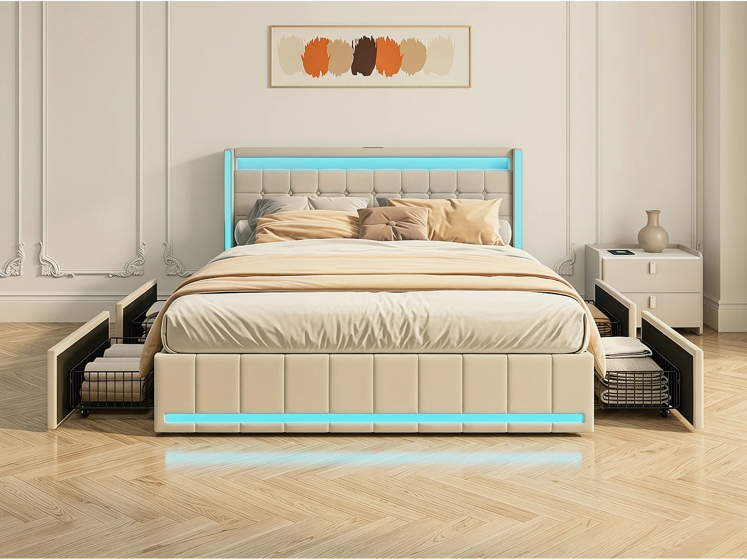 Lit rembourré 160x200 cm - Tiroirs de rangement avec roulettes - LED intégrée - Ports USB + Type-C - Tissu effet lin
