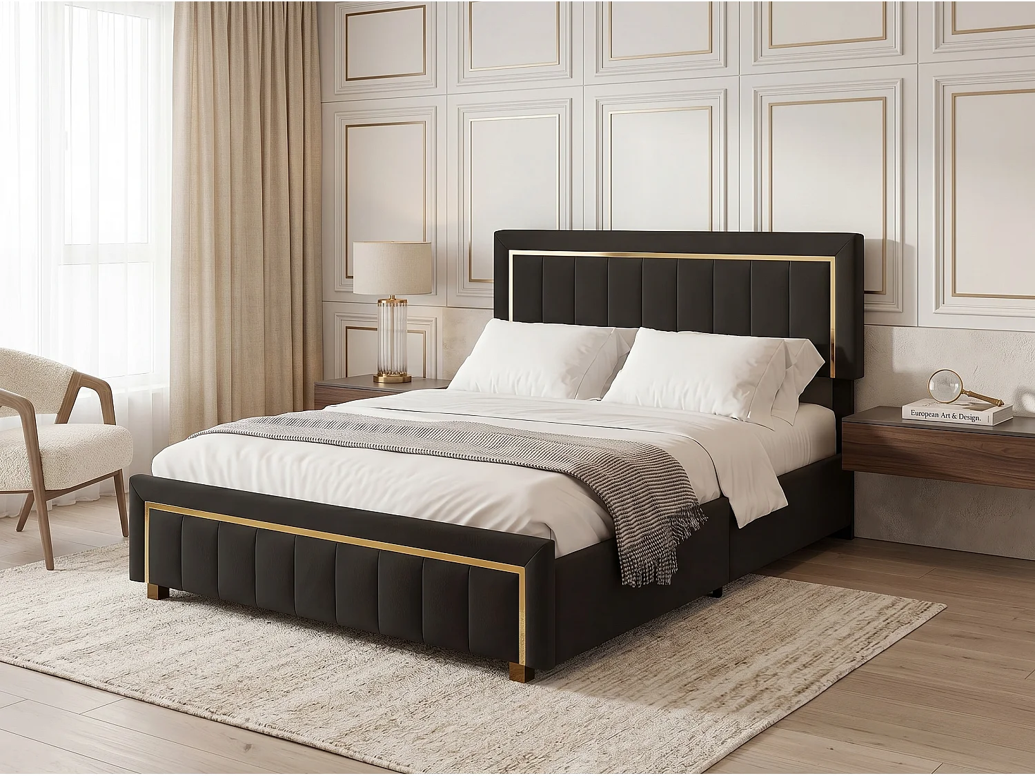 Lit coffre 160x200 cm - Tiroirs et LED RGB - Lit velours - USB Type-C - Tête de lit avec rangement