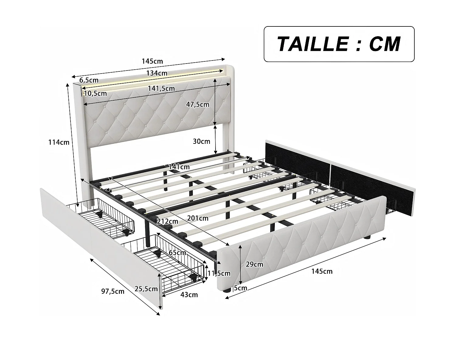 Lit rembourré 140x200 cm - avec éclairage LED - tête de lit avec étagère - similicuir PU beige - sommier à lattes inclus