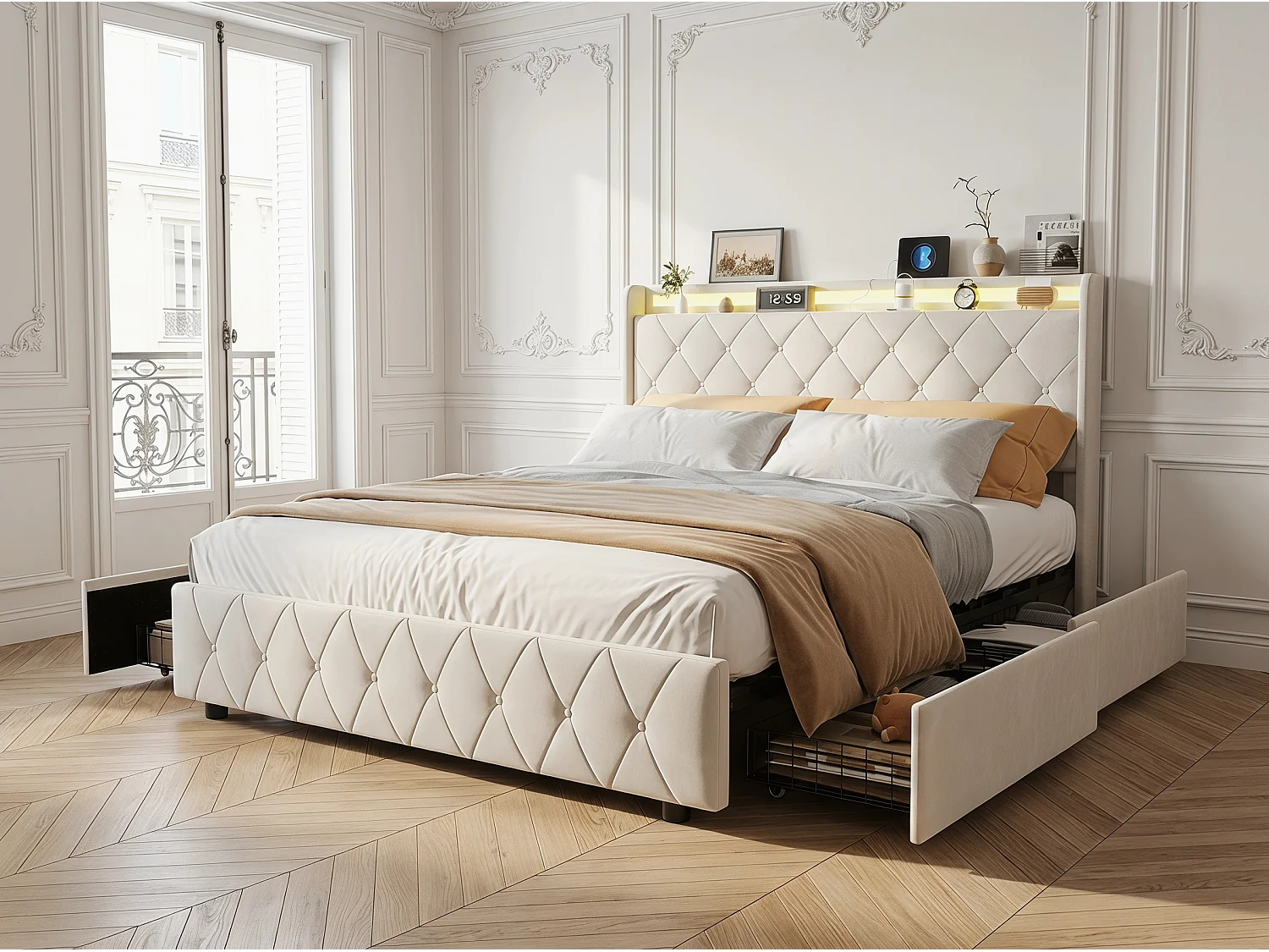 Lit rembourré 140x200 cm - avec éclairage LED - tête de lit avec étagère - similicuir PU beige - sommier à lattes inclus