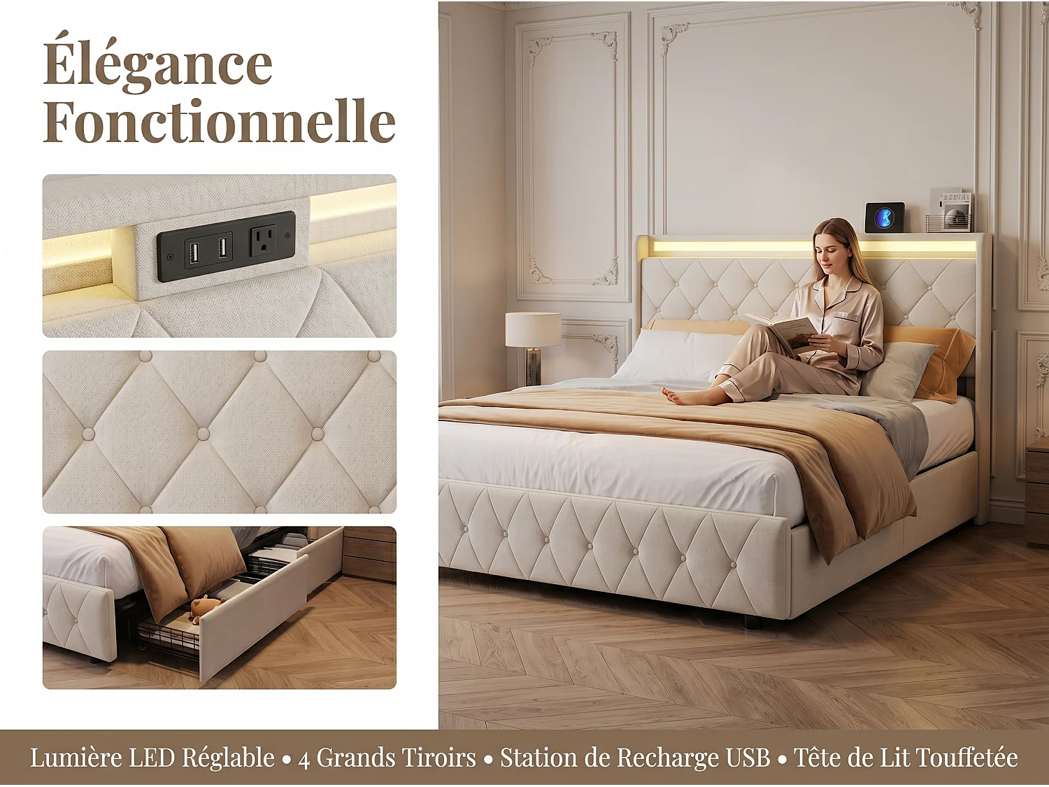 Lit rembourré 140x200 cm - avec éclairage LED - tête de lit avec étagère - similicuir PU beige - sommier à lattes inclus