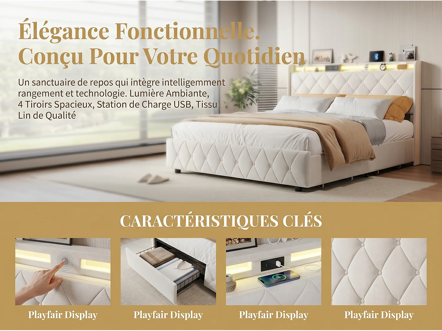 Lit rembourré 140x200 cm - avec éclairage LED - tête de lit avec étagère - similicuir PU beige - sommier à lattes inclus