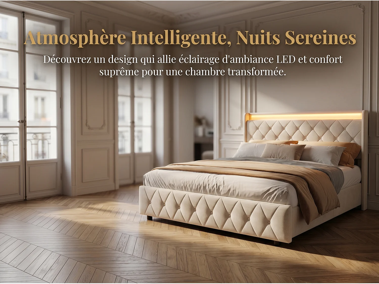 Lit rembourré 140x200 cm - avec éclairage LED - tête de lit avec étagère - similicuir PU beige - sommier à lattes inclus