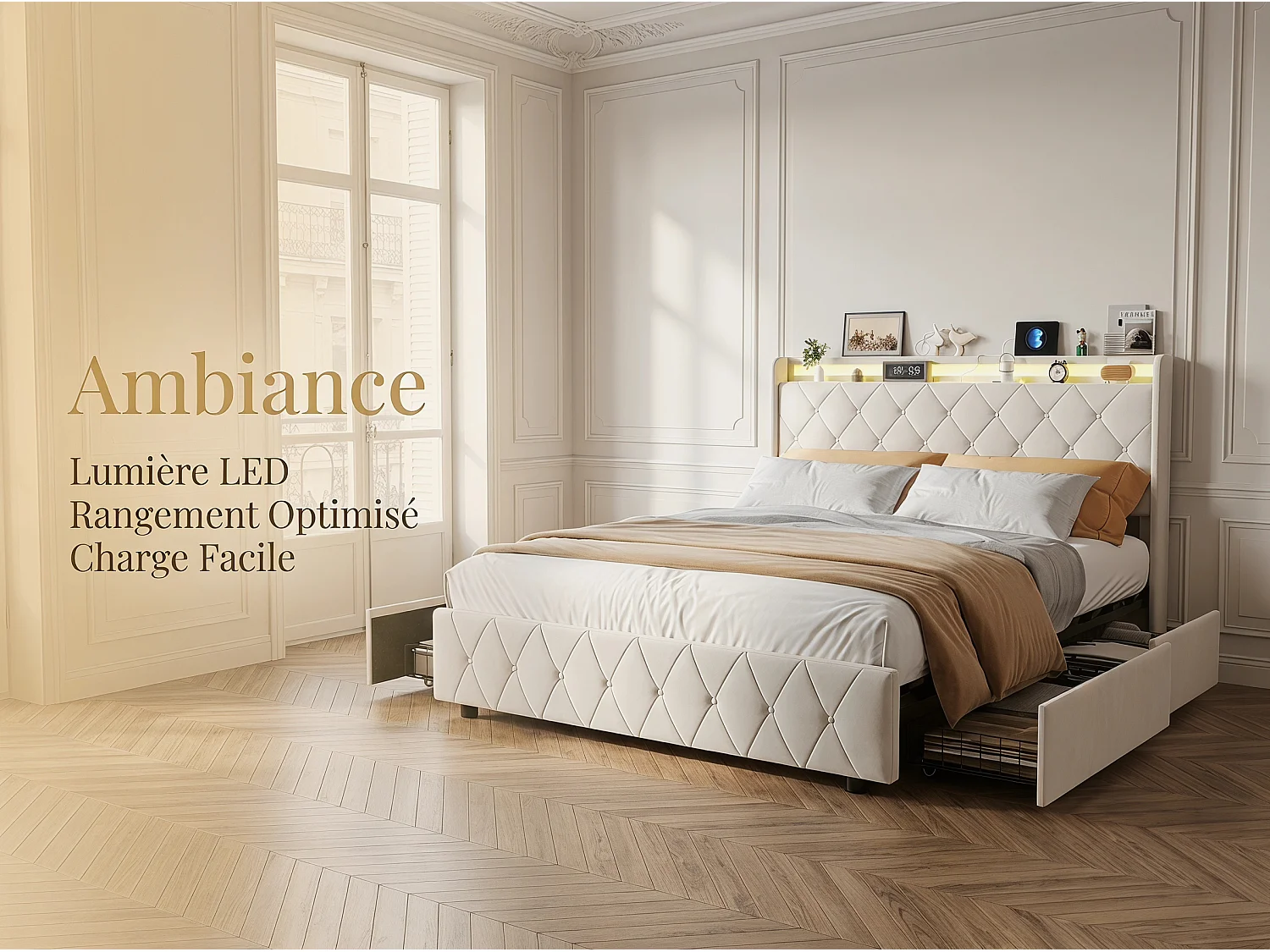 Lit rembourré 140x200 cm - avec éclairage LED - tête de lit avec étagère - similicuir PU beige - sommier à lattes inclus