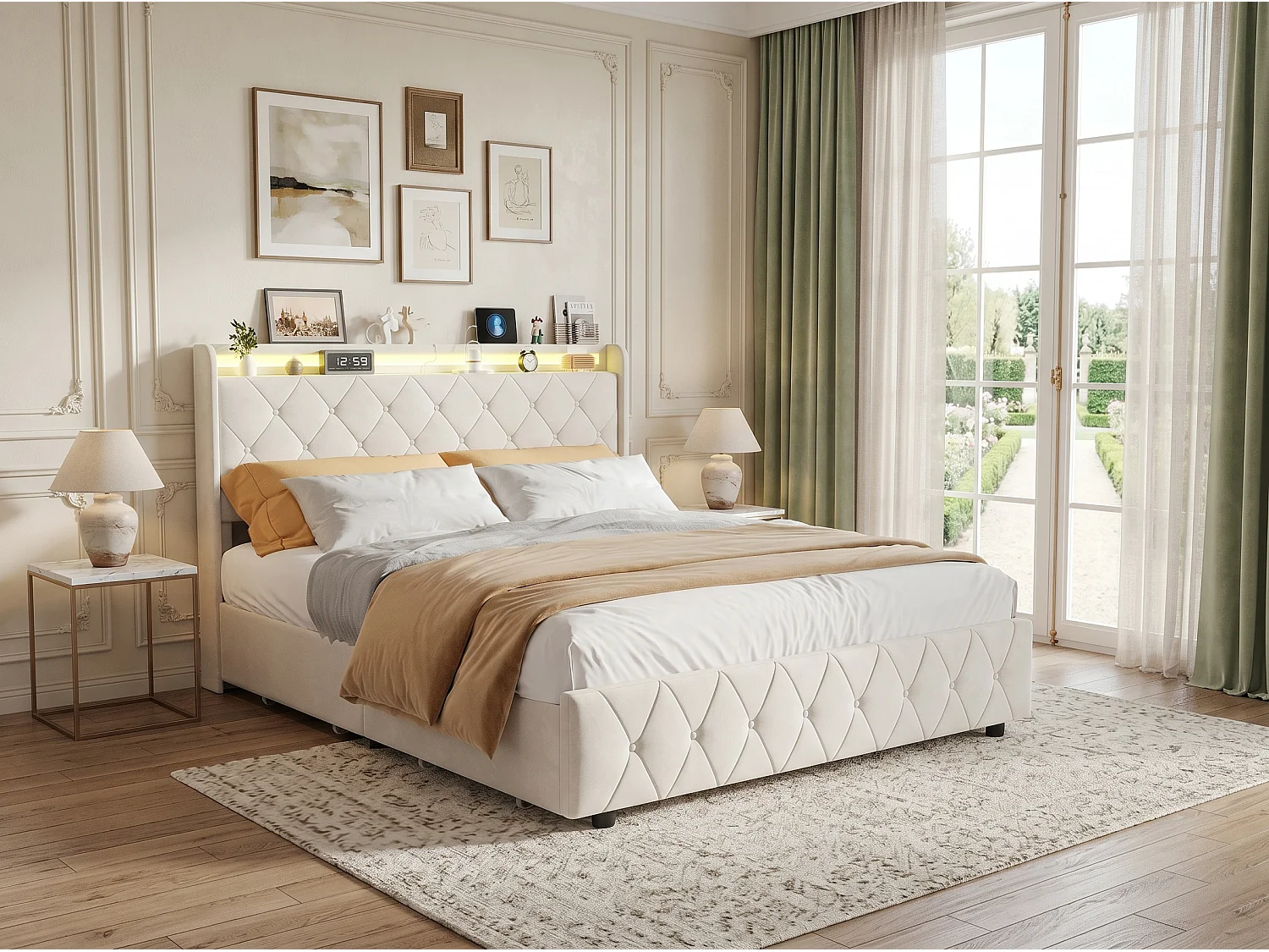 Lit rembourré 140x200 cm - avec éclairage LED - tête de lit avec étagère - similicuir PU beige - sommier à lattes inclus