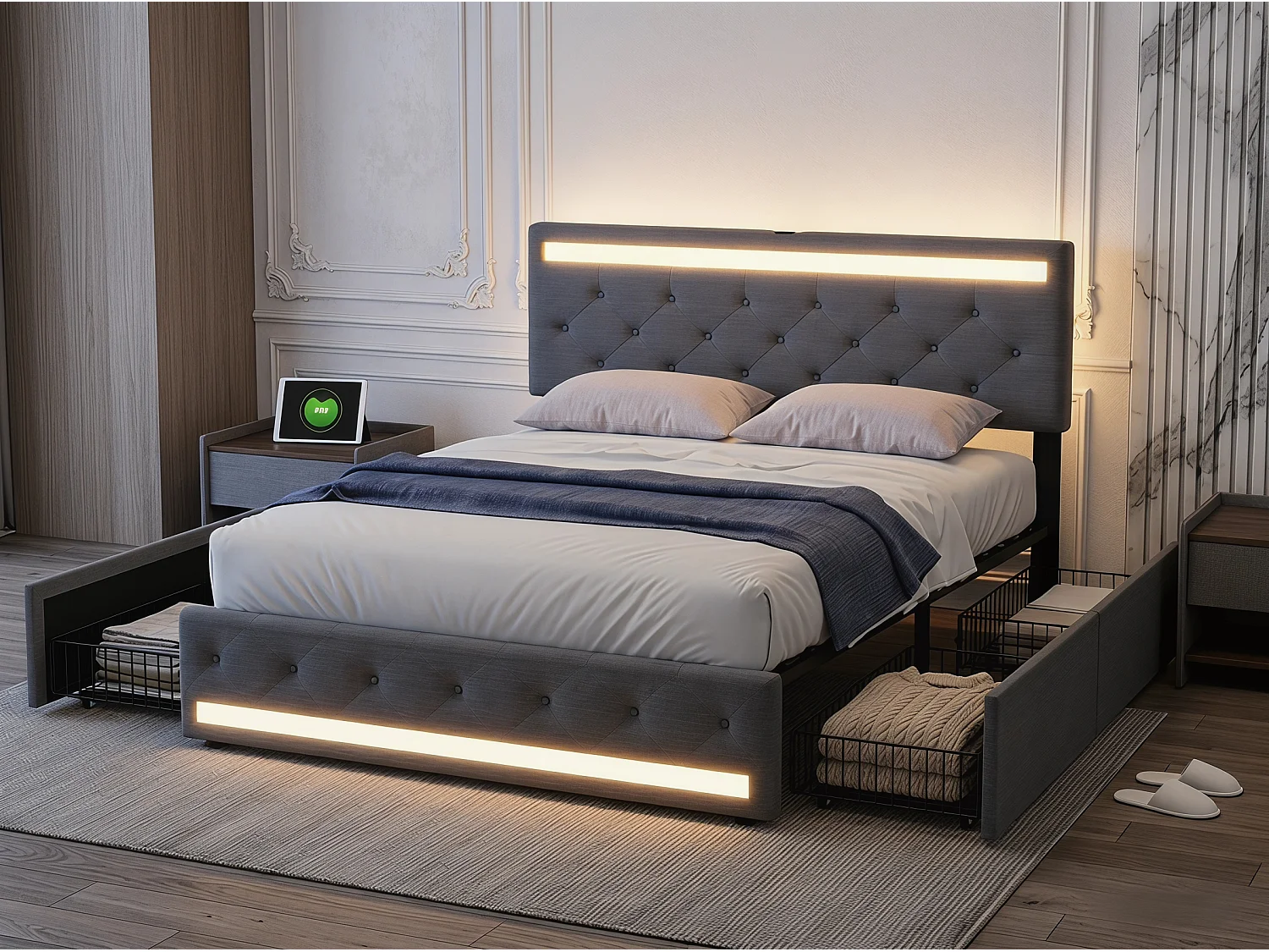 Lit 140x190 cm avec Rangement et LED, Lit Double en Lin avec USB et Type-C, Tête de Lit avec Étagères, Sommier à Lattes, Lit Moderne Chambre