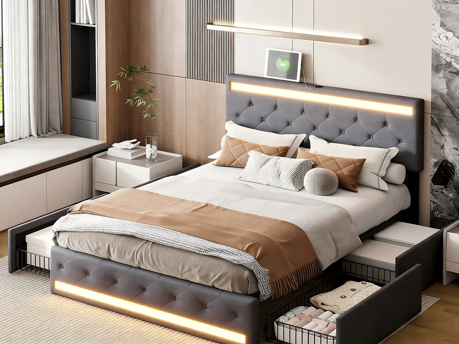 Lit 140x190 cm avec Rangement et LED, Lit Double en Lin avec USB et Type-C, Tête de Lit avec Étagères, Sommier à Lattes, Lit Moderne Chambre