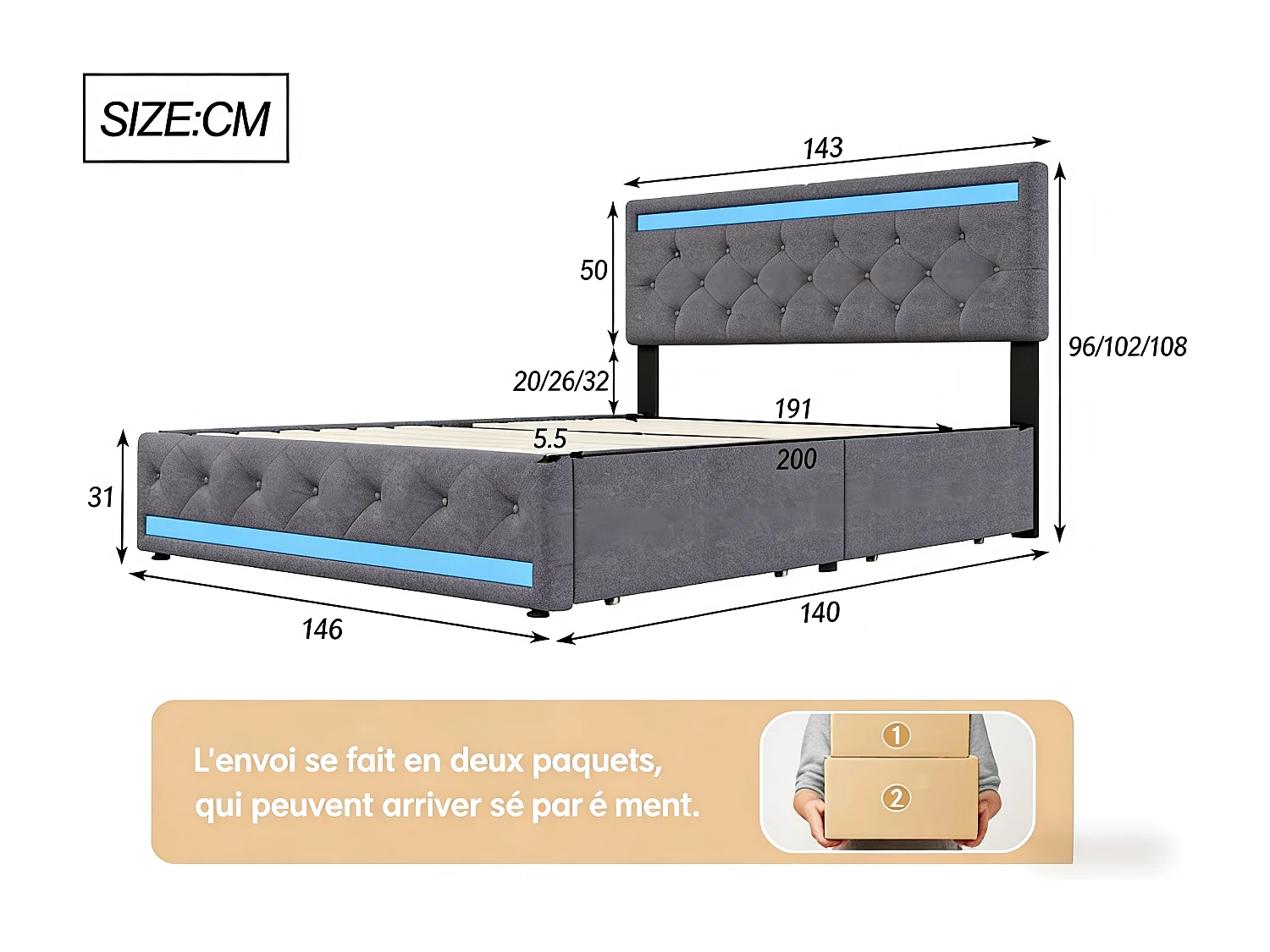 Lit 140x190 cm avec Rangement et LED, Lit Double en Lin avec USB et Type-C, Tête de Lit avec Étagères, Sommier à Lattes, Lit Moderne Chambre