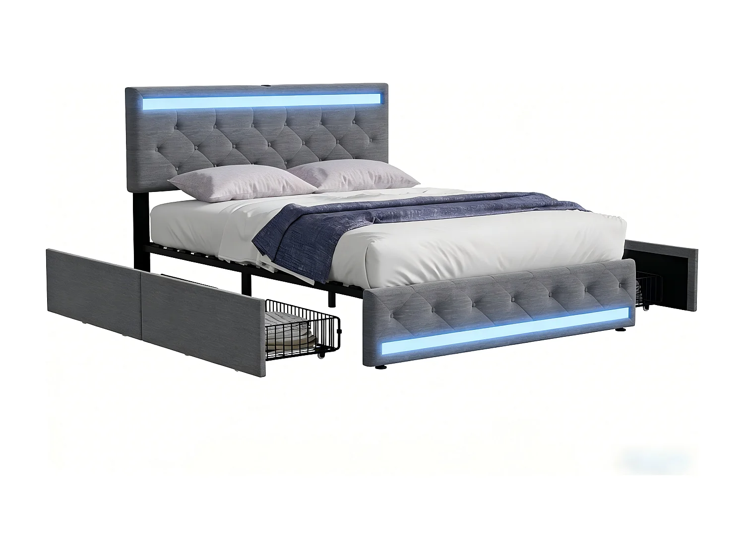 Lit 140x190 cm avec Rangement et LED, Lit Double en Lin avec USB et Type-C, Tête de Lit avec Étagères, Sommier à Lattes, Lit Moderne Chambre