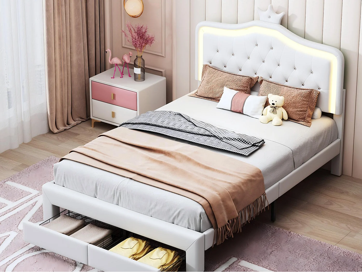 Lit enfant 140 x 200 cm, éclairage LED RGB, lit princesse blanc avec rangement