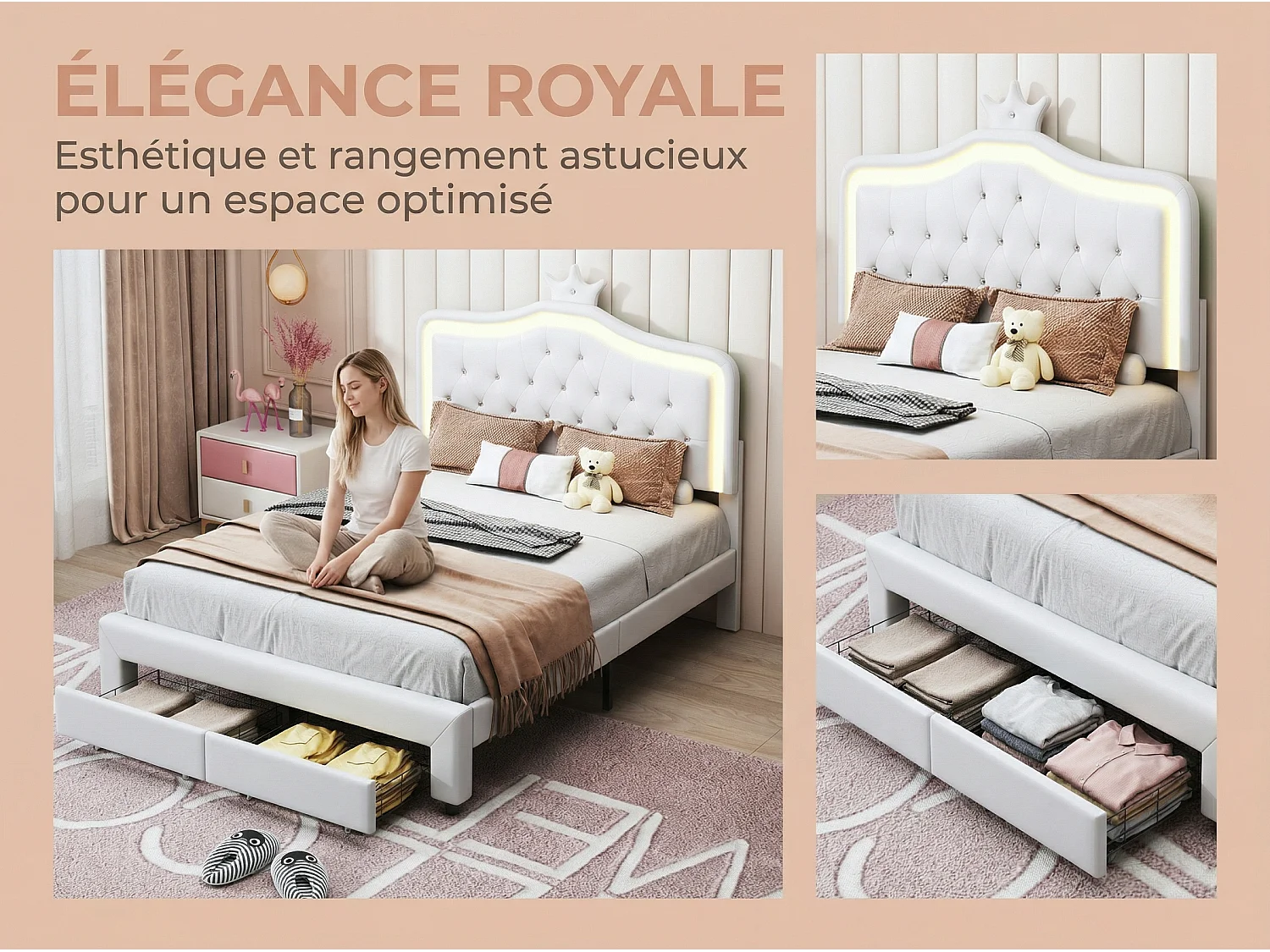 Lit enfant 140 x 200 cm, éclairage LED RGB, lit princesse blanc avec rangement