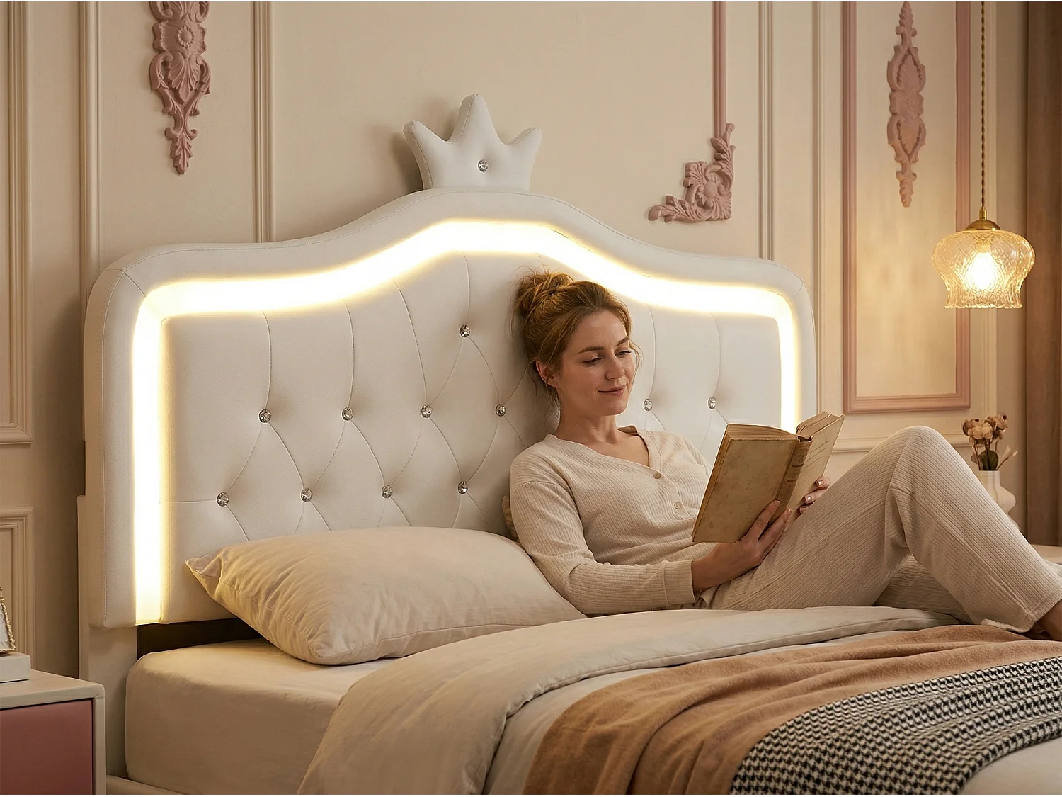 Lit enfant 140 x 200 cm, éclairage LED RGB, lit princesse blanc avec rangement