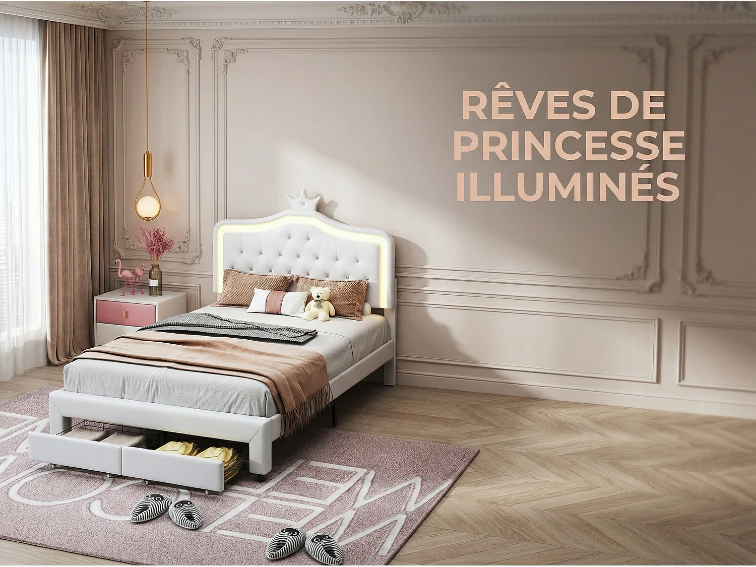 Lit enfant 140 x 200 cm, éclairage LED RGB, lit princesse blanc avec rangement