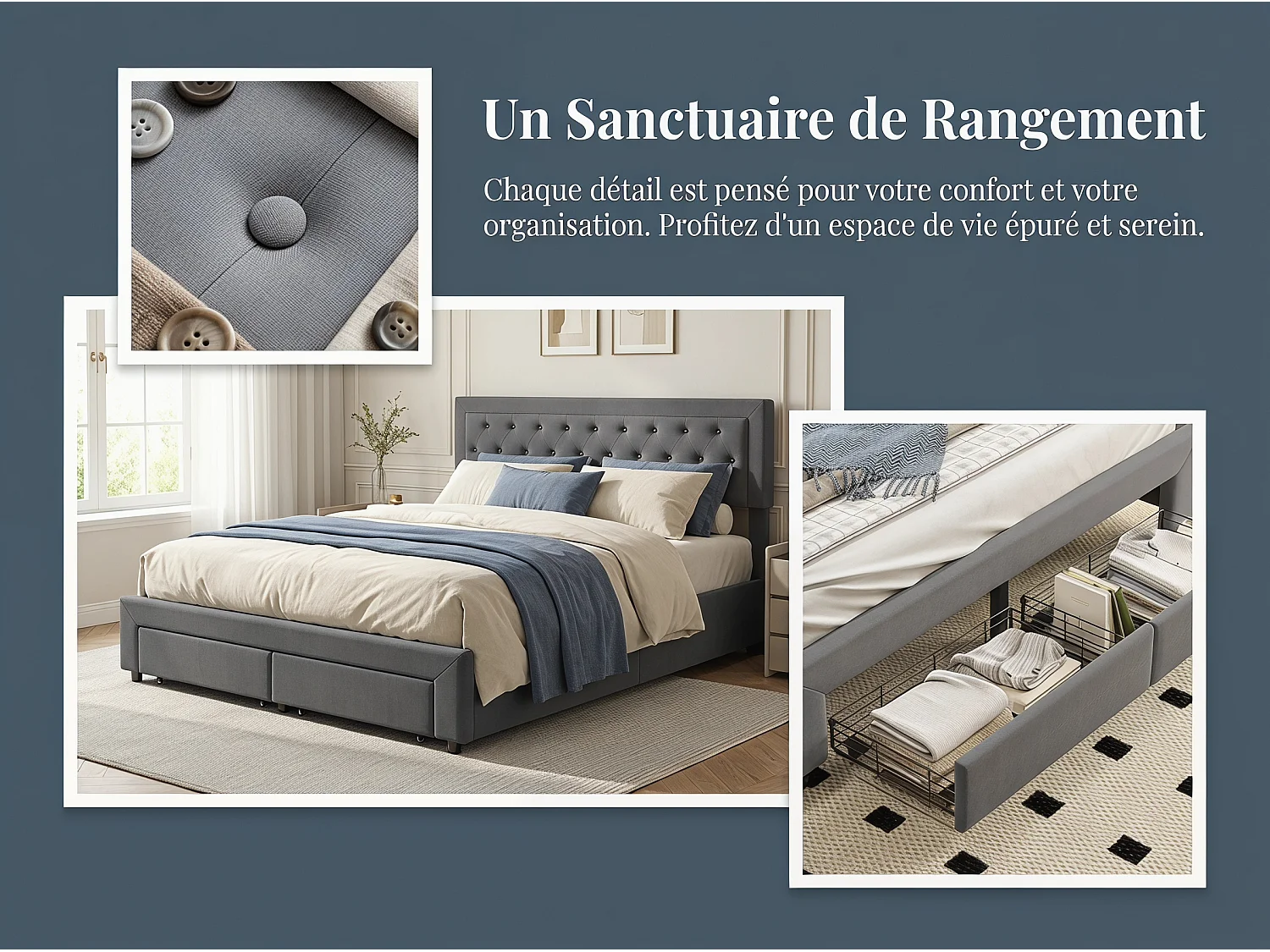 Lit rembourré en velours capitonné 160x200cm avec tiroirs de rangement - sommier à lattes