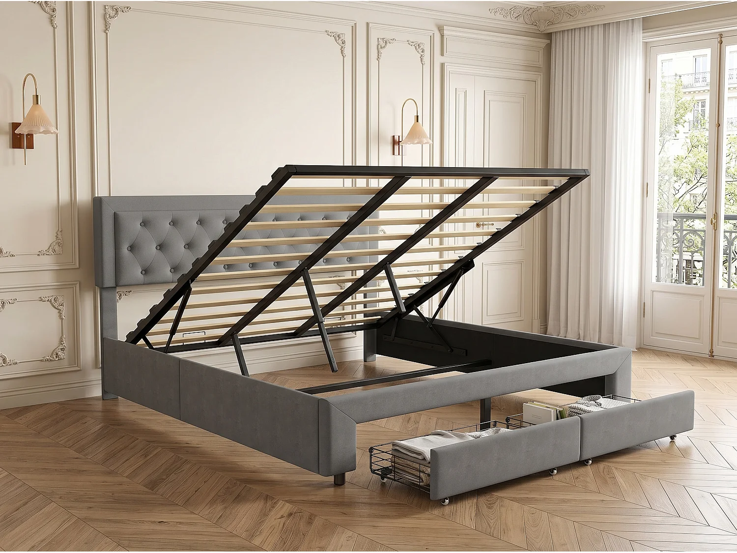 Lit rembourré en velours capitonné 160x200cm avec tiroirs de rangement - sommier à lattes