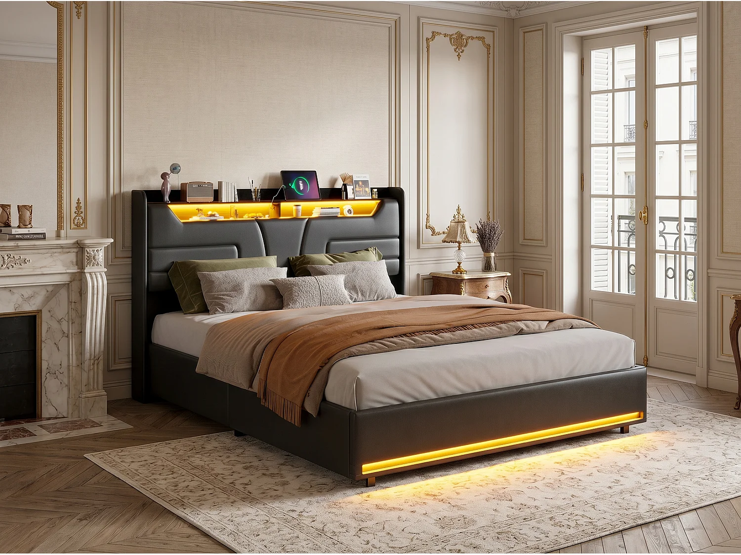 Lit rembourré 140x190 cm avec éclairage LED - tête de lit avec rangement - avec sommier à lattes - Noir