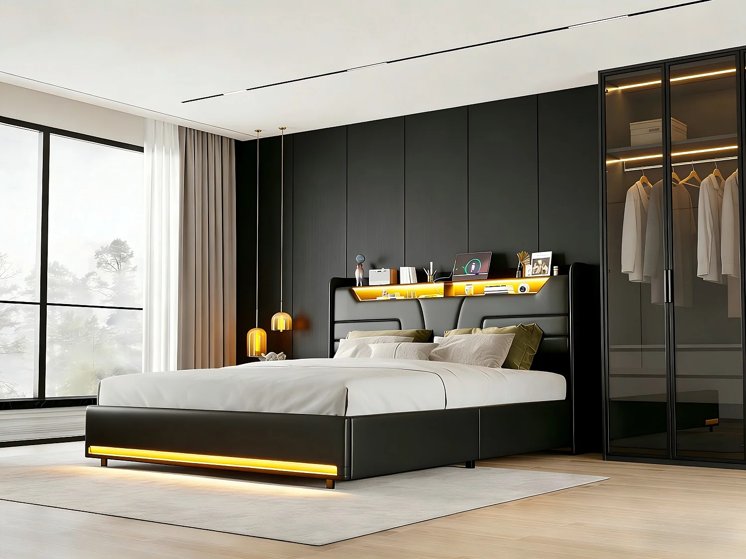 Lit 140x190 cm avec LED, tête de lit avec rangement, cadre de lit rembourré noir, sommier à lattes, design moderne