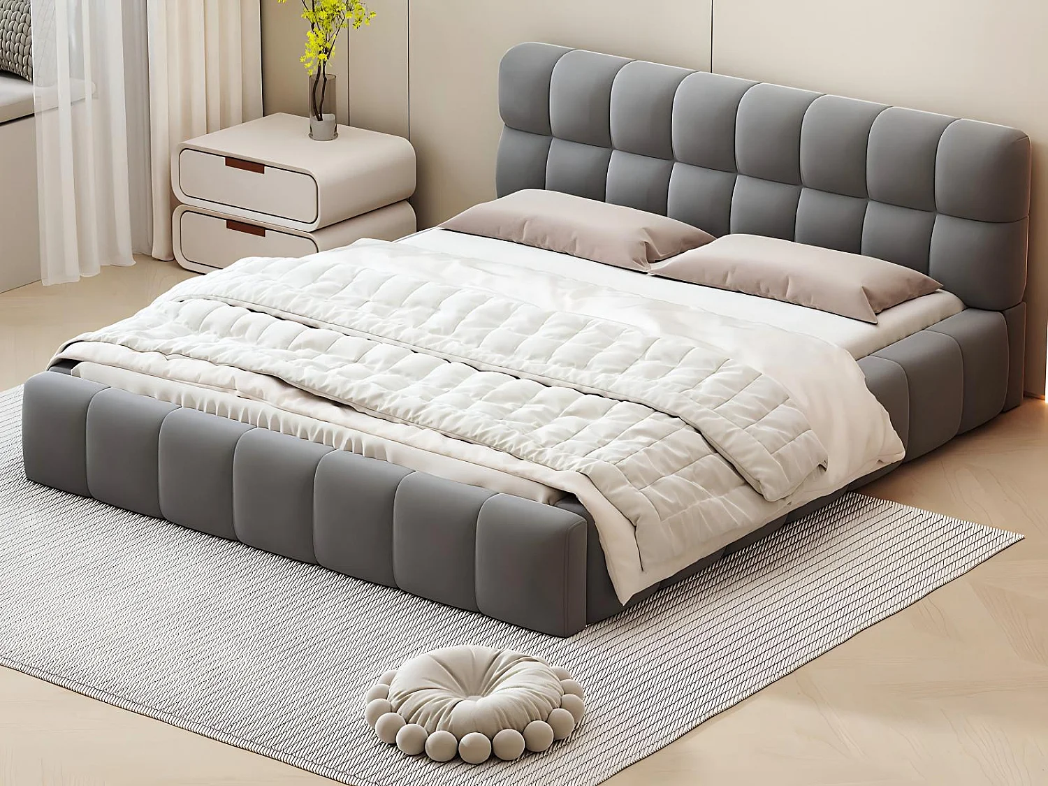 Lit rembourré 140x190 avec tiroirs, lit double tissu lin, tête de lit confortable, cadre robuste, beige， gris