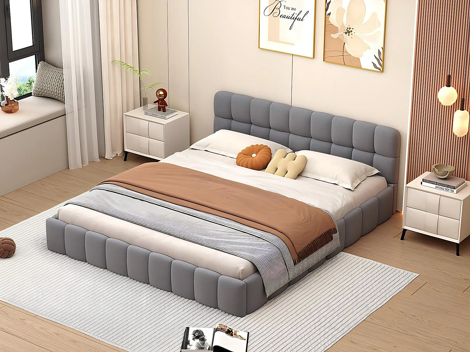 Lit rembourré 140x190 avec tiroirs, lit double tissu lin, tête de lit confortable, cadre robuste, beige， gris