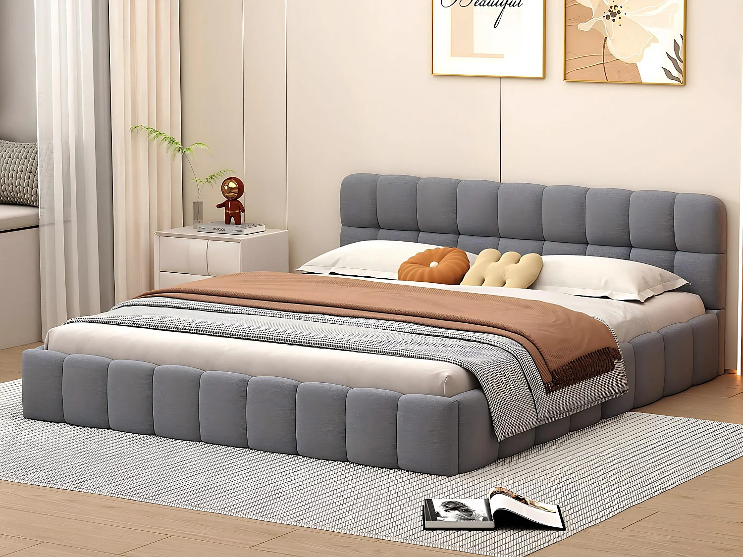 Lit rembourré 140x190 avec tiroirs, lit double tissu lin, tête de lit confortable, cadre robuste, beige， gris