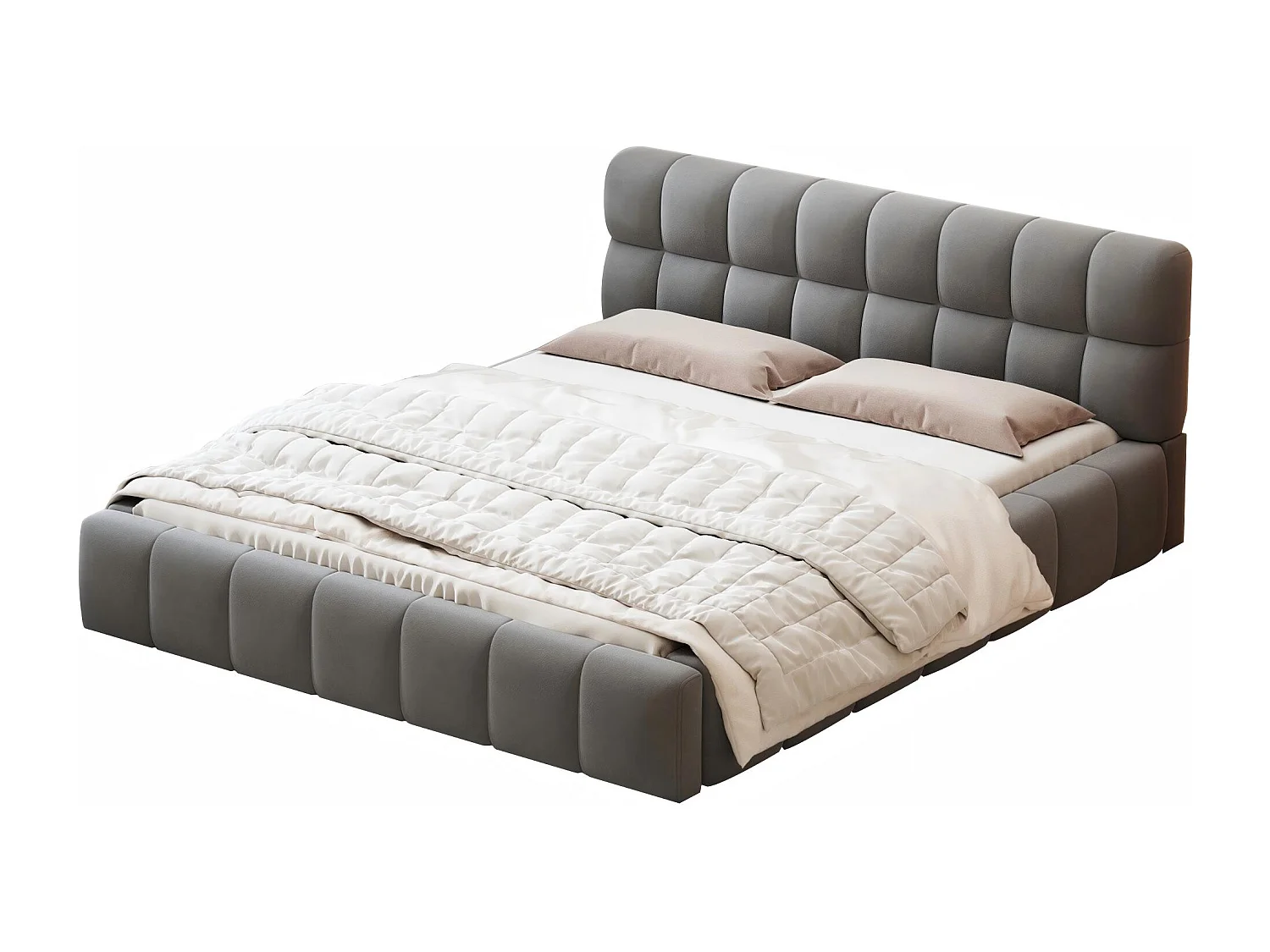 Lit rembourré 140x190 avec tiroirs, lit double tissu lin, tête de lit confortable, cadre robuste, beige， gris