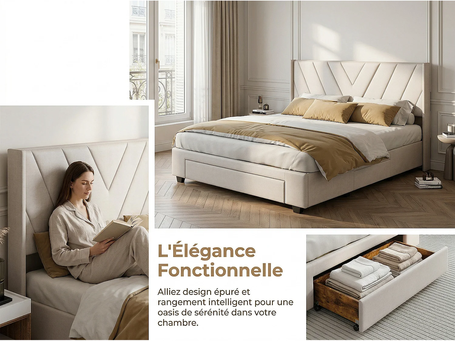 Lit 160x200 cm -avec tiroirs, lit double rembourré beige avec sommier à lattes, style moderne