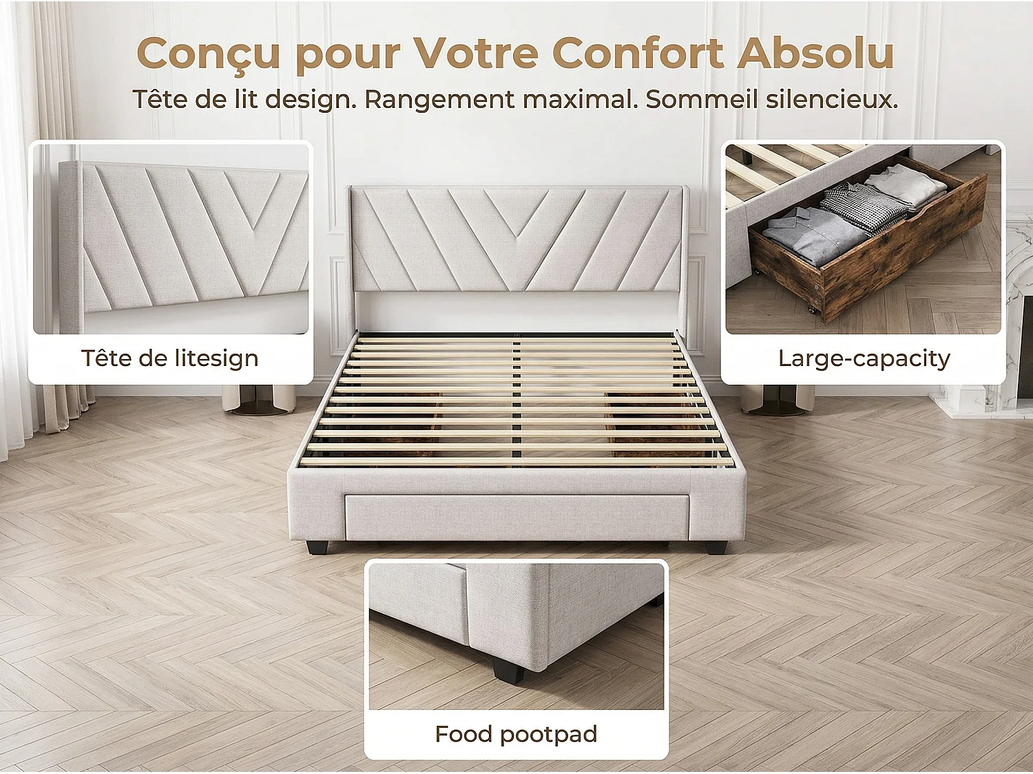Lit 160x200 cm -avec tiroirs, lit double rembourré beige avec sommier à lattes, style moderne