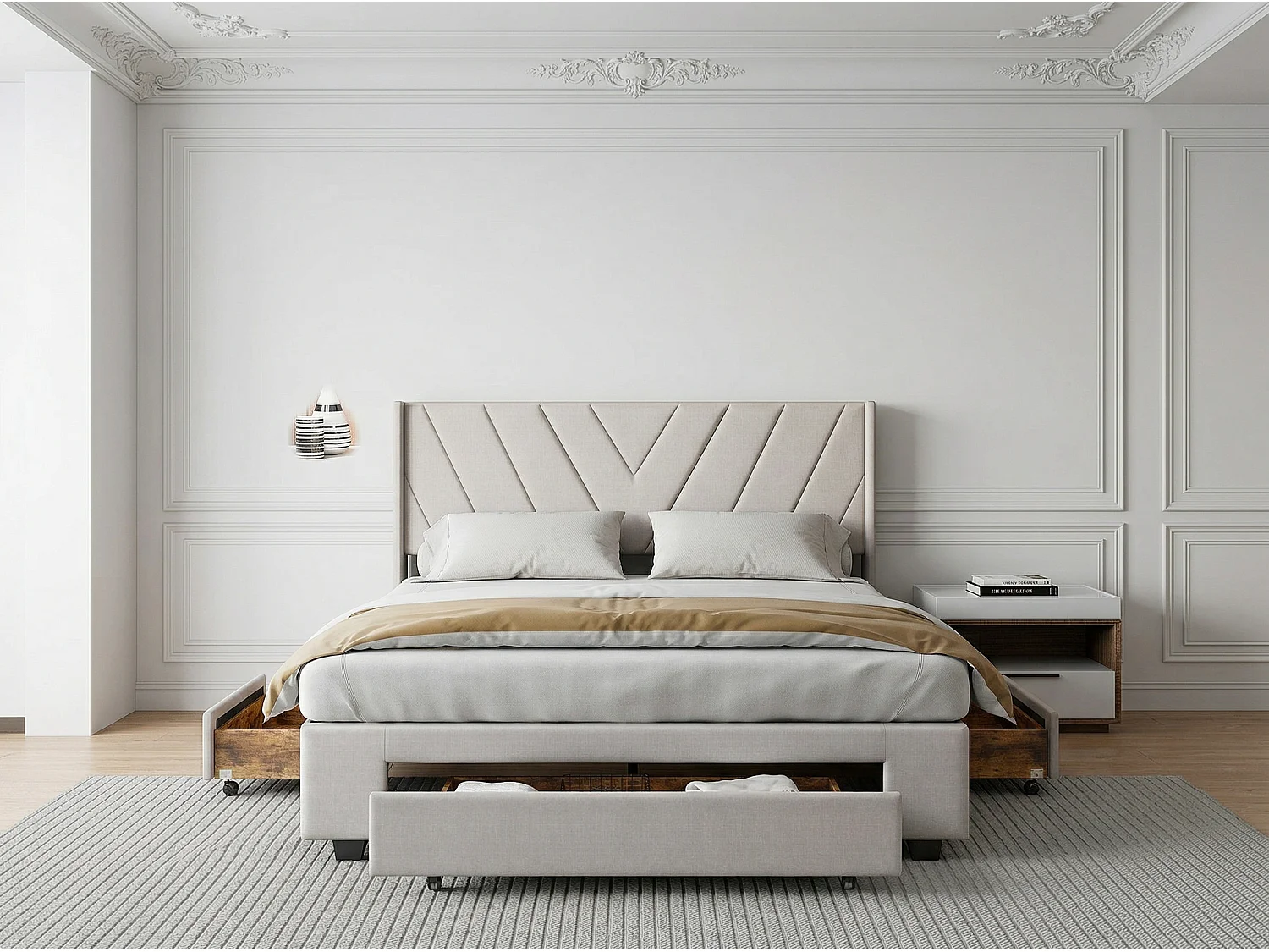 Lit 160x200 cm -avec tiroirs, lit double rembourré beige avec sommier à lattes, style moderne
