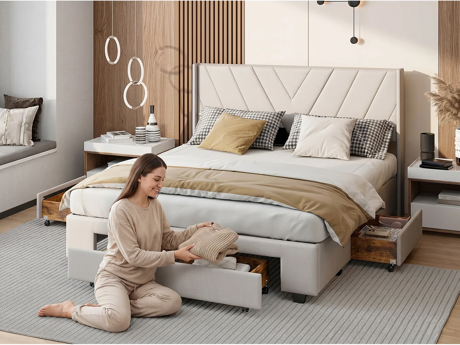 Lit 160x200 cm -avec tiroirs, lit double rembourré beige avec sommier à lattes, style moderne