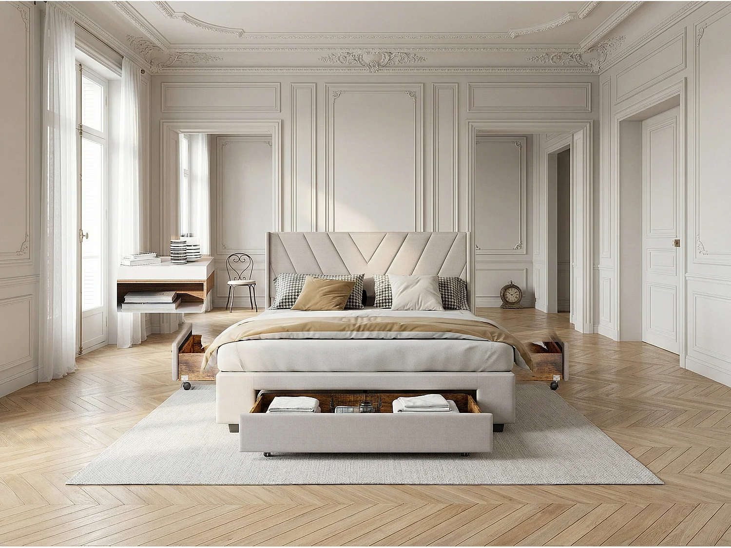 Lit 160x200 cm -avec tiroirs, lit double rembourré beige avec sommier à lattes, style moderne