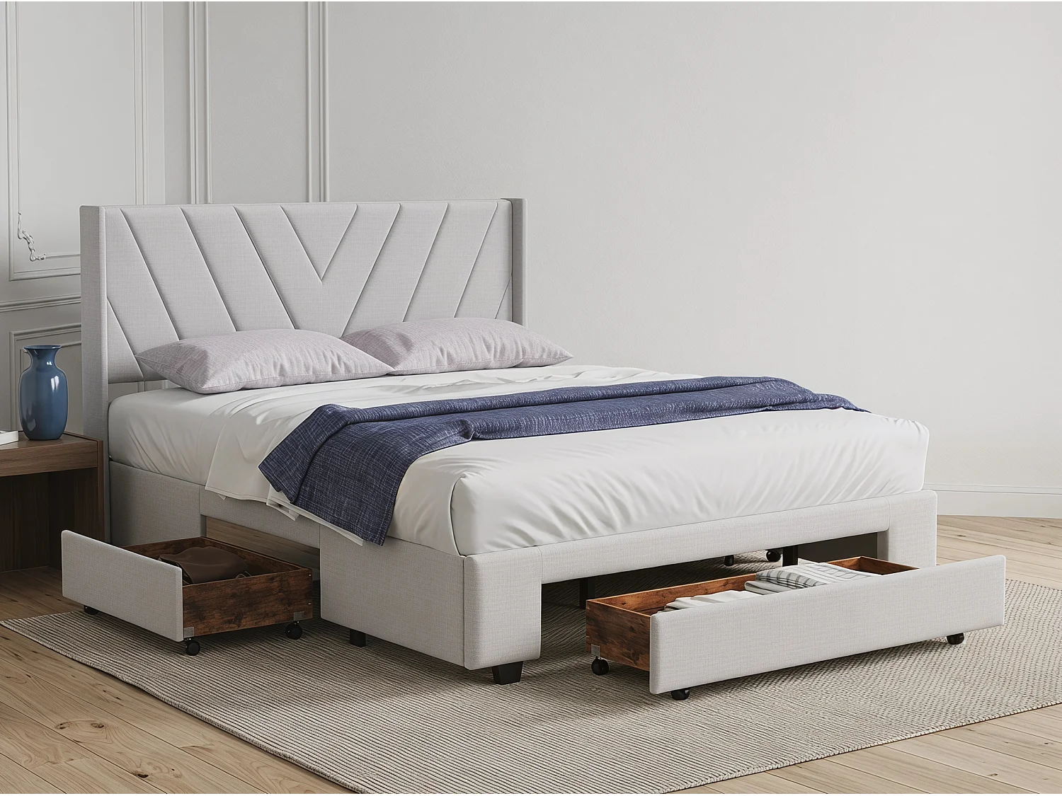 Lit 160x200 cm -avec tiroirs, lit double rembourré beige avec sommier à lattes, style moderne