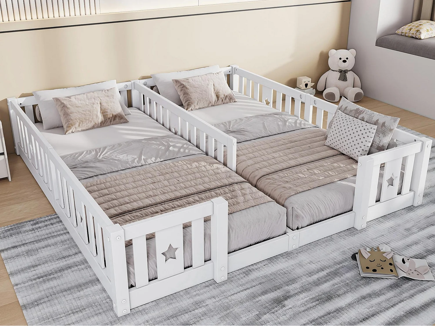 Lit enfant 180x200 cm en bois massif, lit au sol avec barrières, structure à barreaux avec motif étoile