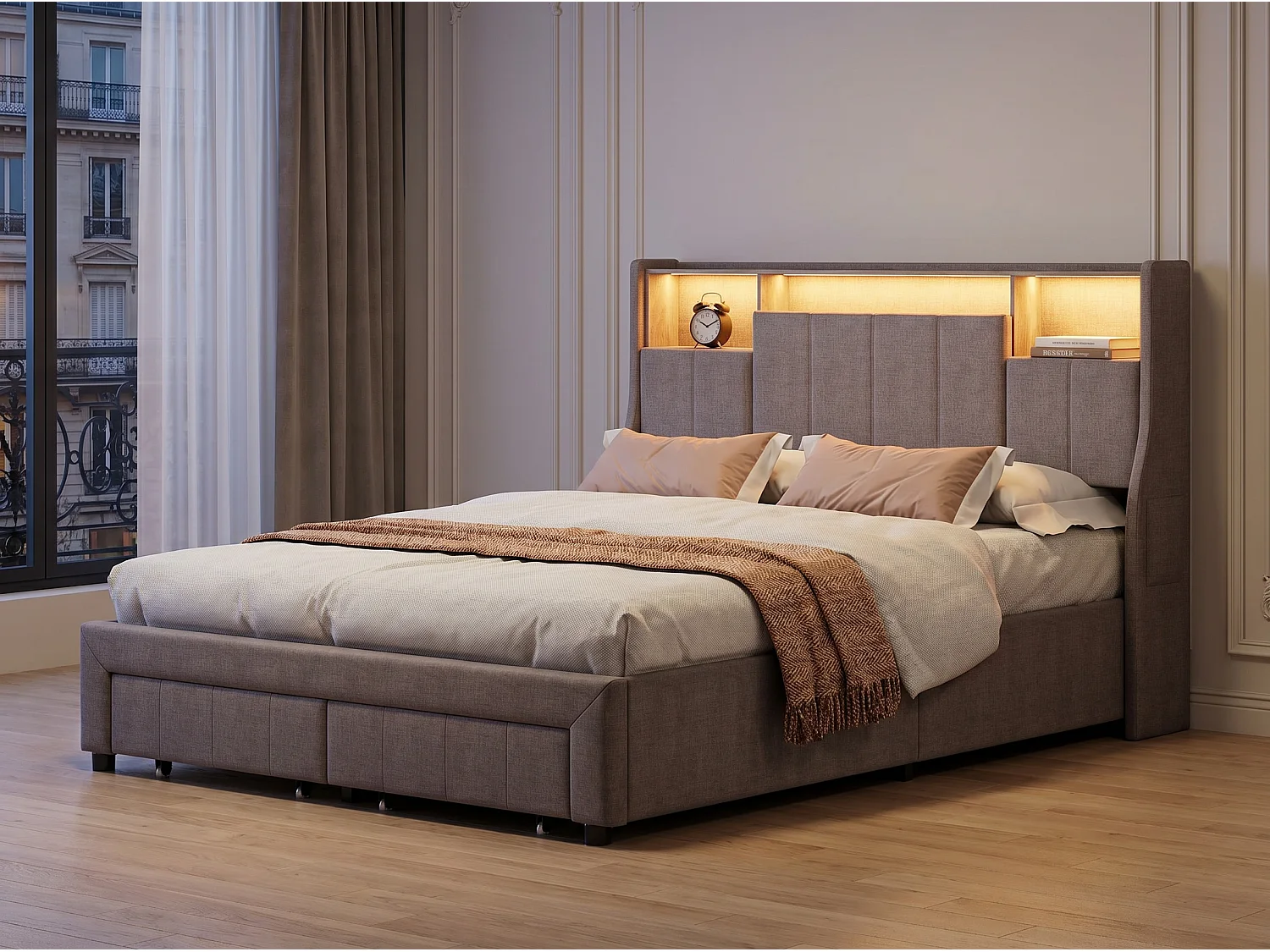 Lit 140x200 cm - Tiroirs de rangement et LED - Rangement tête de lit - Lit rembourré tissu - Sommier à lattes