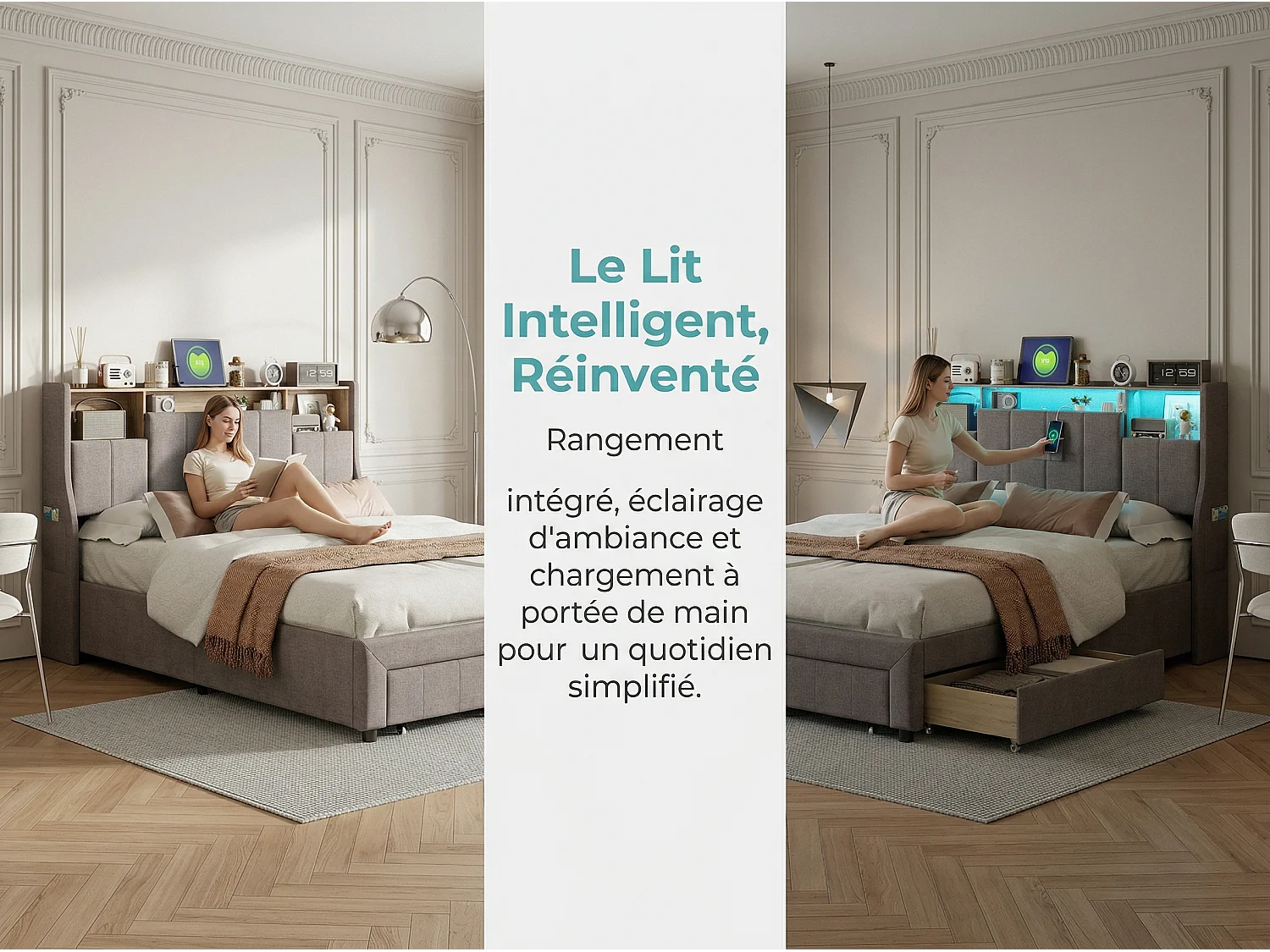 Lit 140x200 cm - Tiroirs de rangement et LED - Rangement tête de lit - Lit rembourré tissu - Sommier à lattes