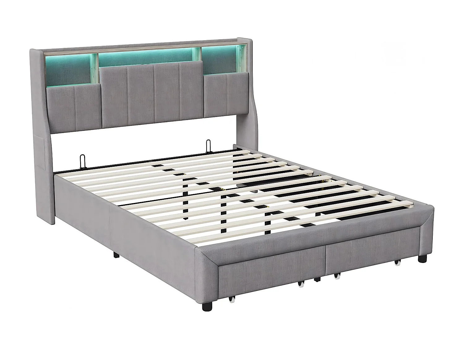 Lit 140x200 cm - Tiroirs de rangement et LED - Rangement tête de lit - Lit rembourré tissu - Sommier à lattes