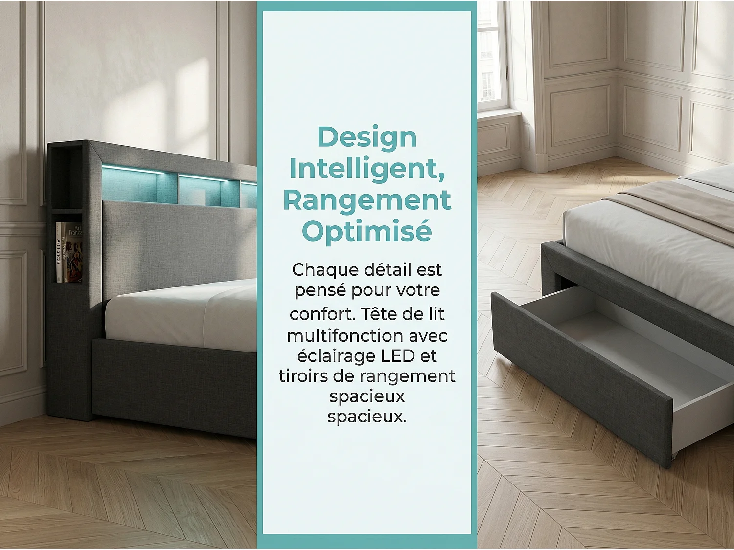 Lit 140x200 cm - Tiroirs de rangement et LED - Rangement tête de lit - Lit rembourré tissu - Sommier à lattes