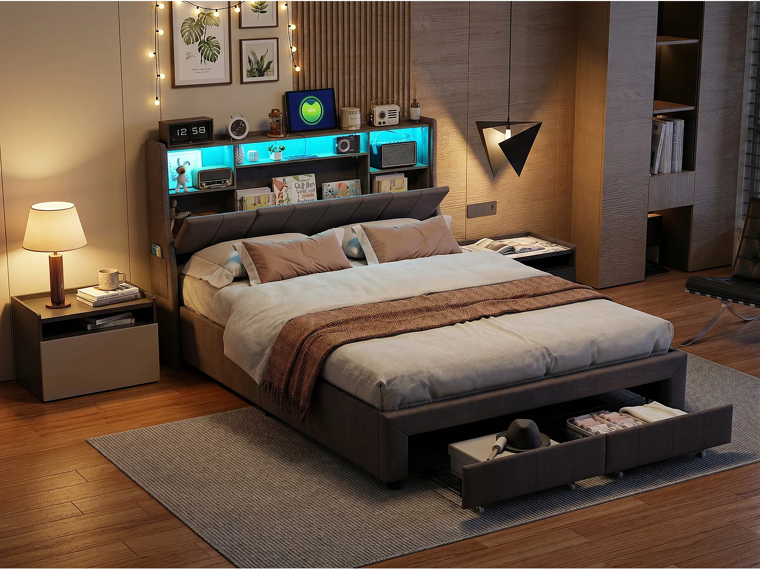 Lit 140x200 cm - Tiroirs de rangement et LED - Rangement tête de lit - Lit rembourré tissu - Sommier à lattes